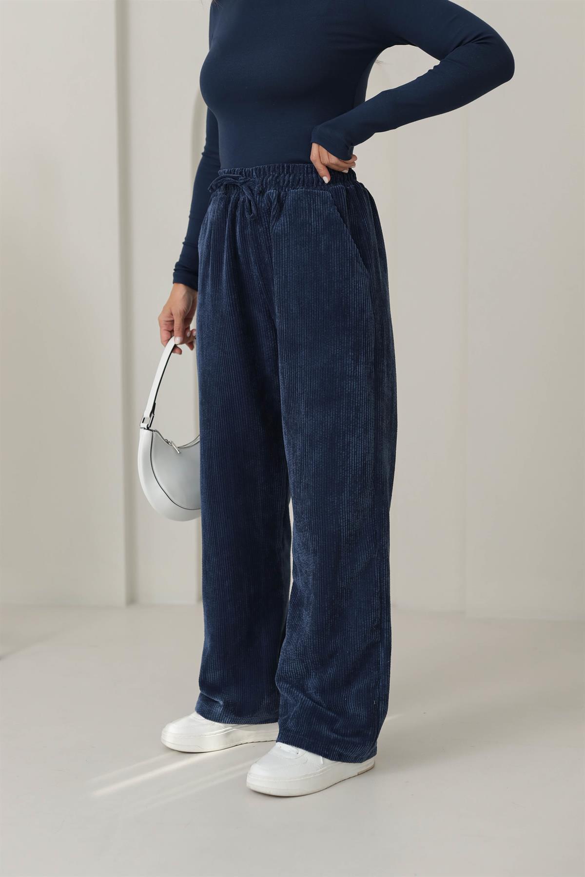 1211 Bol Kalıp Bel Lastikli Kadife Pantolon LACİVERT