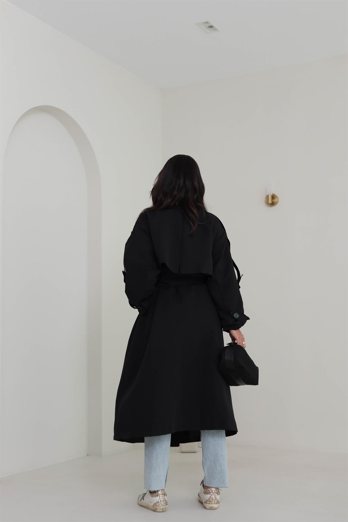 2020 Apoletli Kuşaklı Uzun Trençkot SİYAH