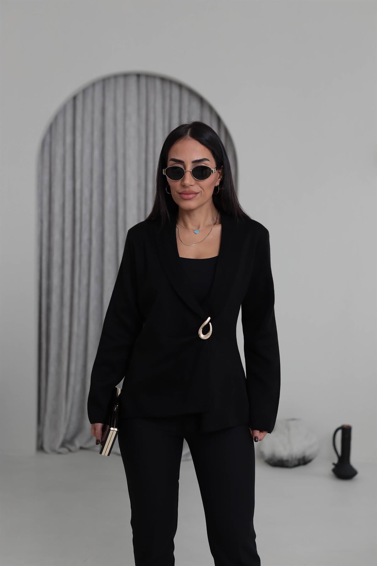 5835 Kruvaze Yaka Toka Detaylı Triko Ceket SİYAH