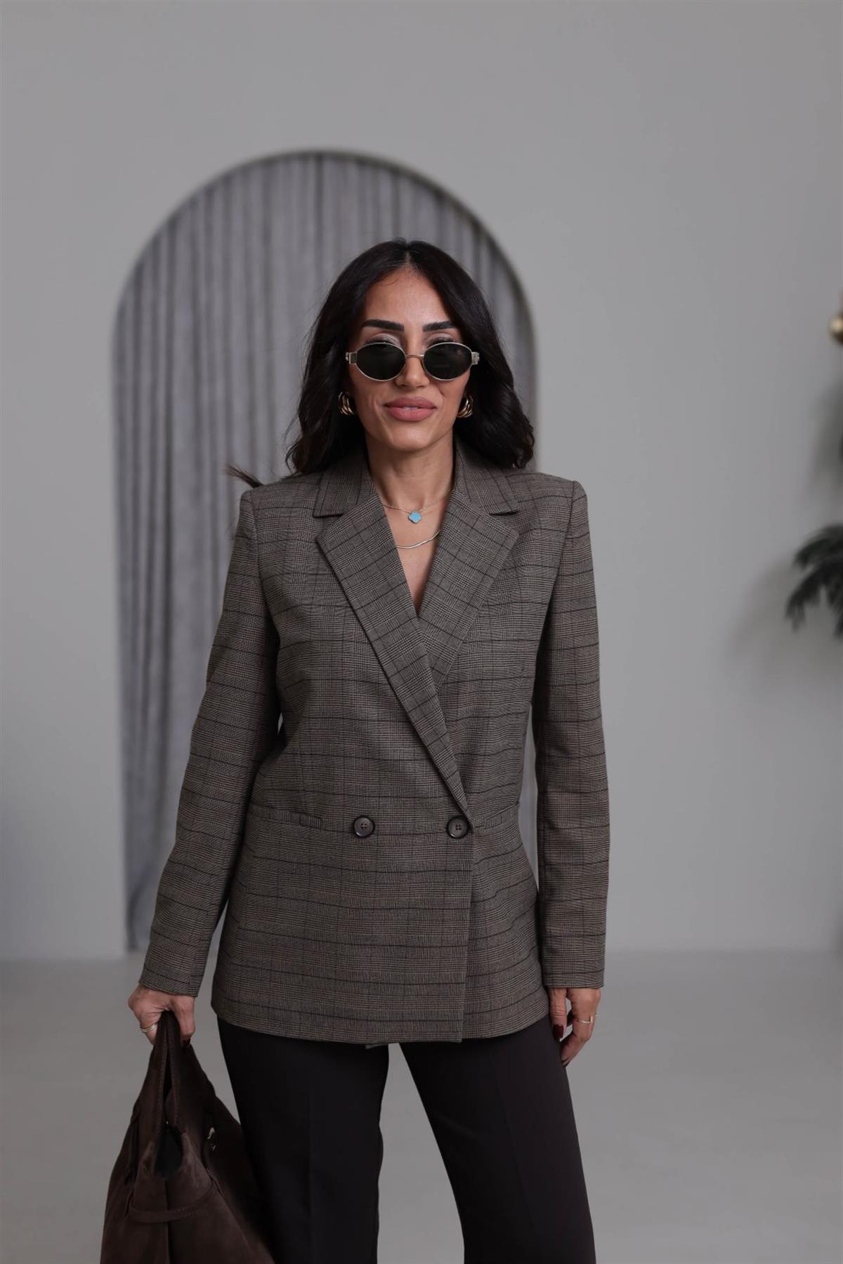 5174-K Düğme Detaylı Desenli Ceket VİZON