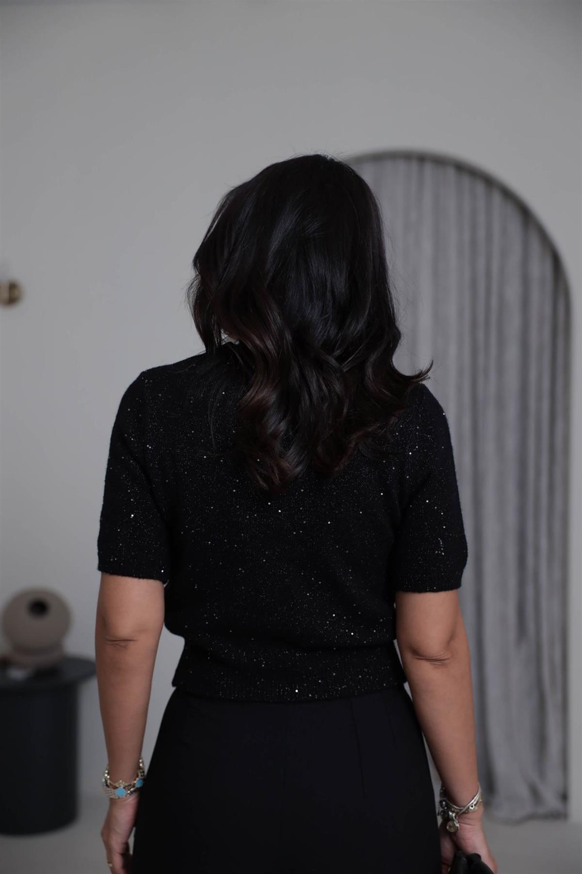 0703 Bisiklet Yaka Simli Pullu Triko SİYAH