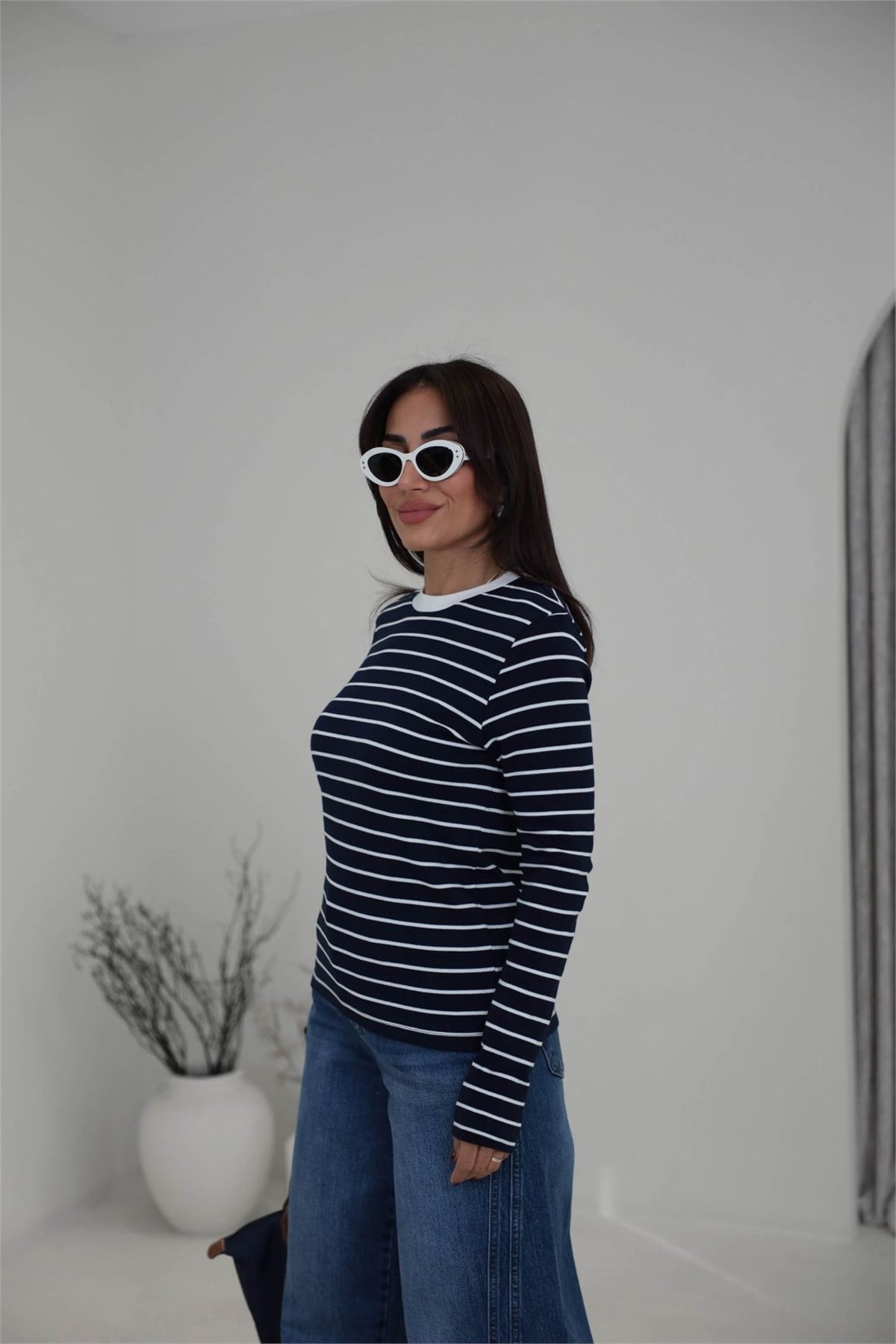 6001 Çizgili Pamuklu Kumaş Bluz LACİVERT