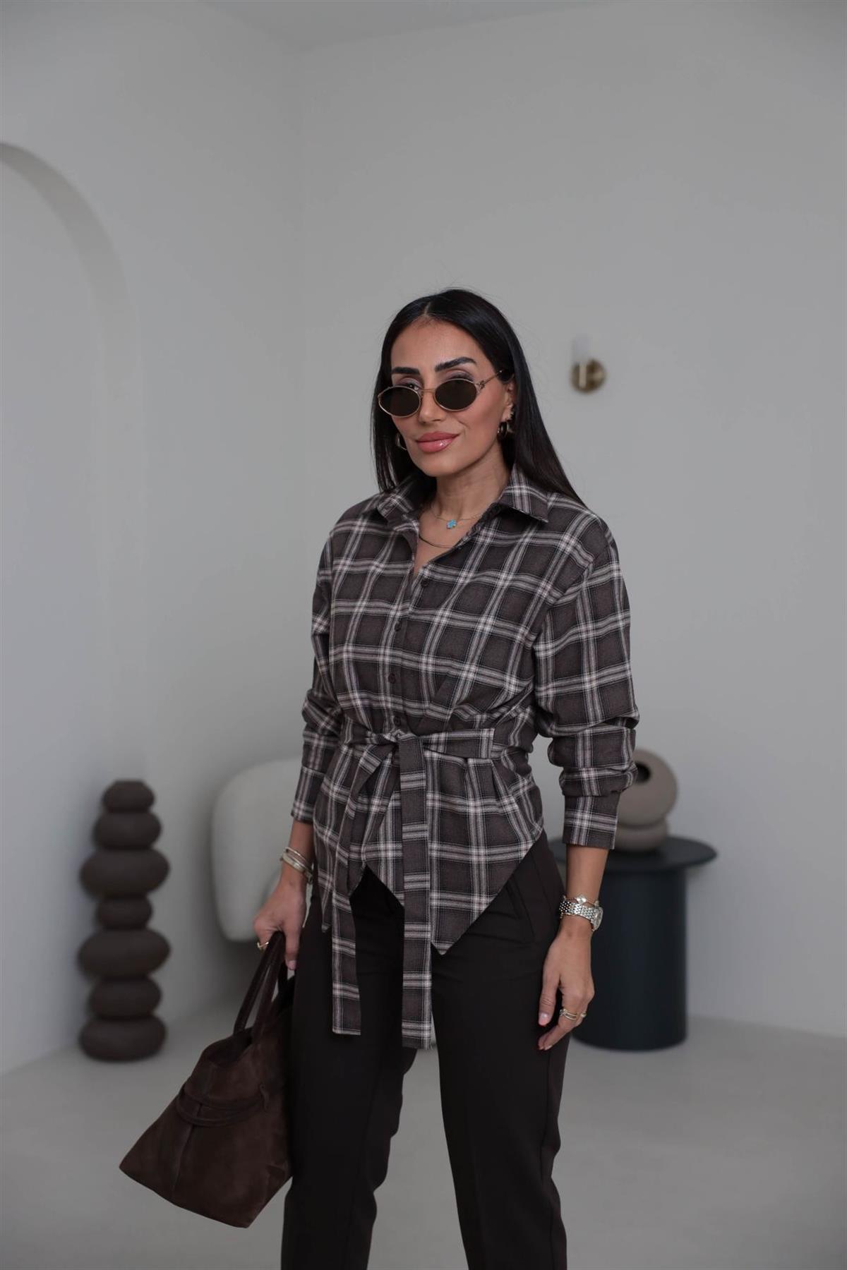 6997 Vatkalı Bağlama Detaylı Gömlek KAHVE