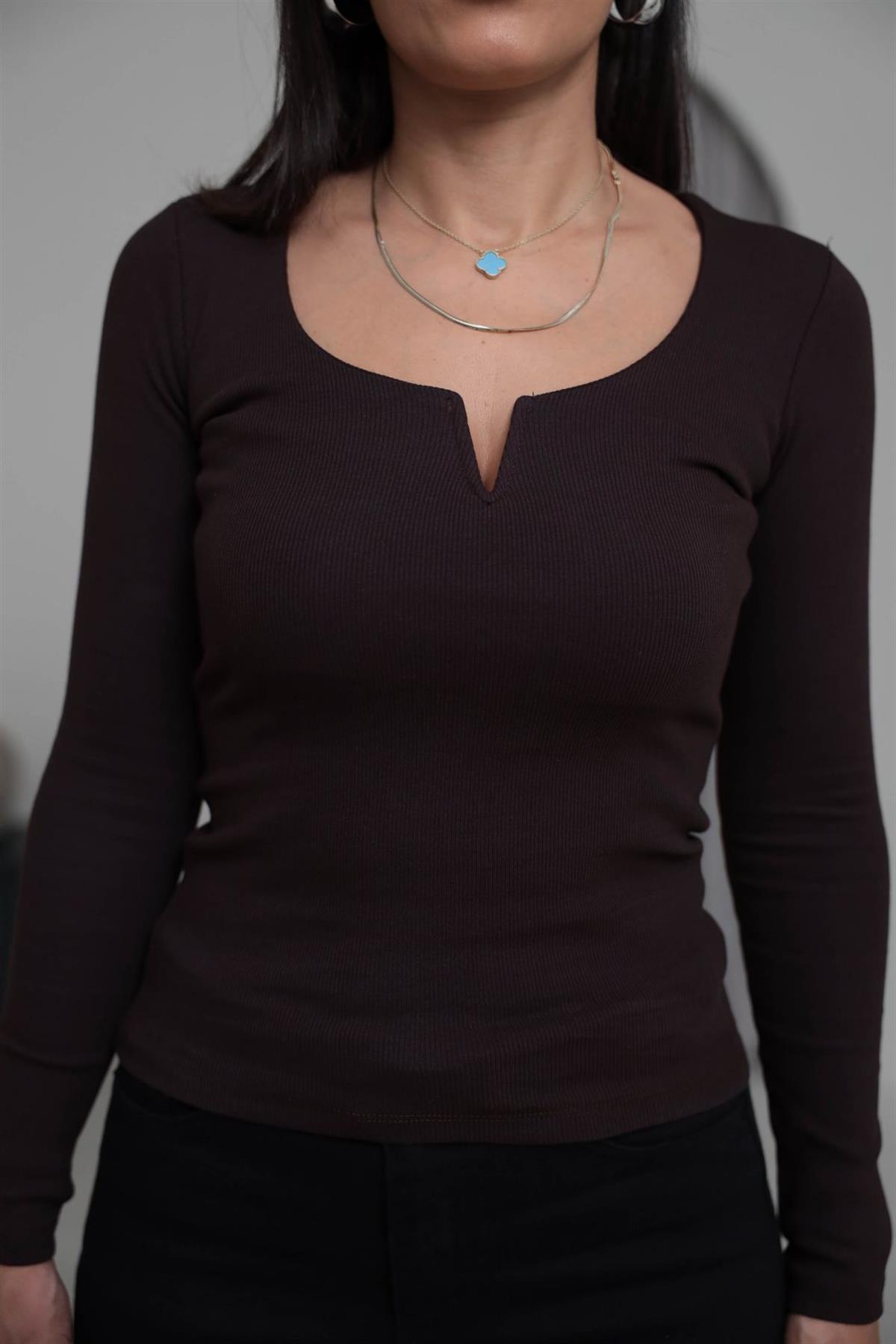 2260K Damla Yaka Pamuklu Bluz KAHVE