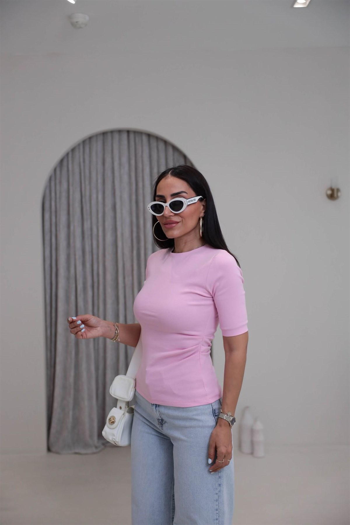 7190 Bisiklet Yaka Yan Detaylı Tshirt PEMBE