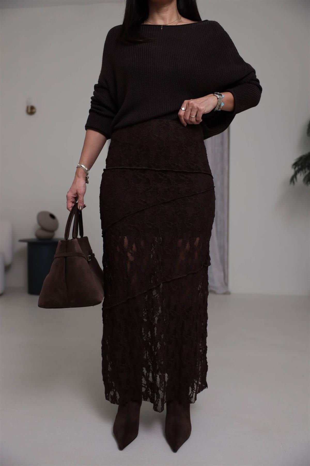 8818 Astarlı Dikiş Detaylı Dantel Etek KAHVE