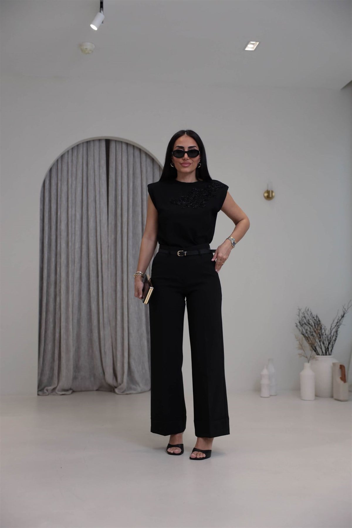 7050 Kemerli Paçası Dikiş Detay Palazzo Pantolon SİYAH