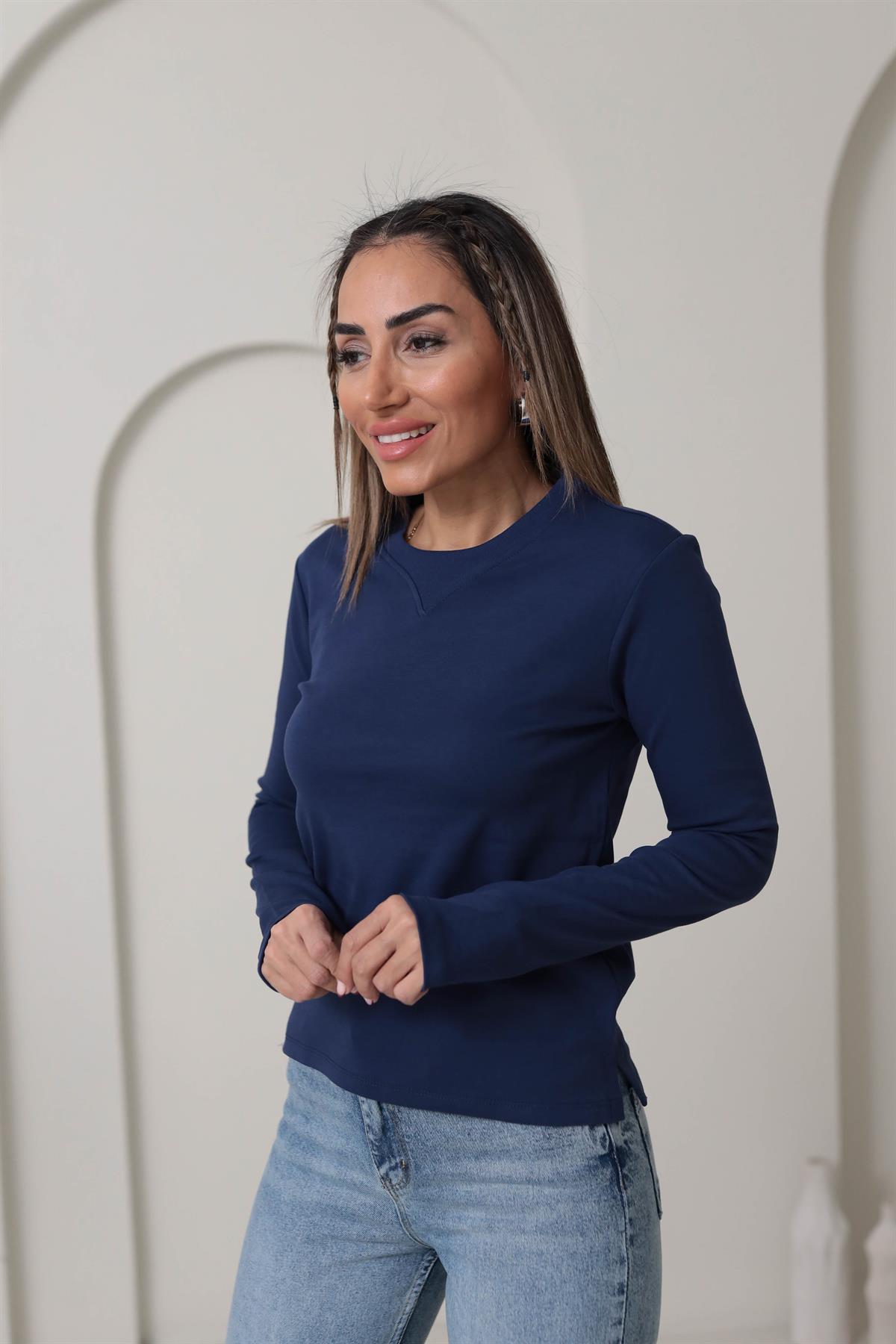 6364 Yaka Ribana Dikişli Uzun Kol Bluz LACİVERT