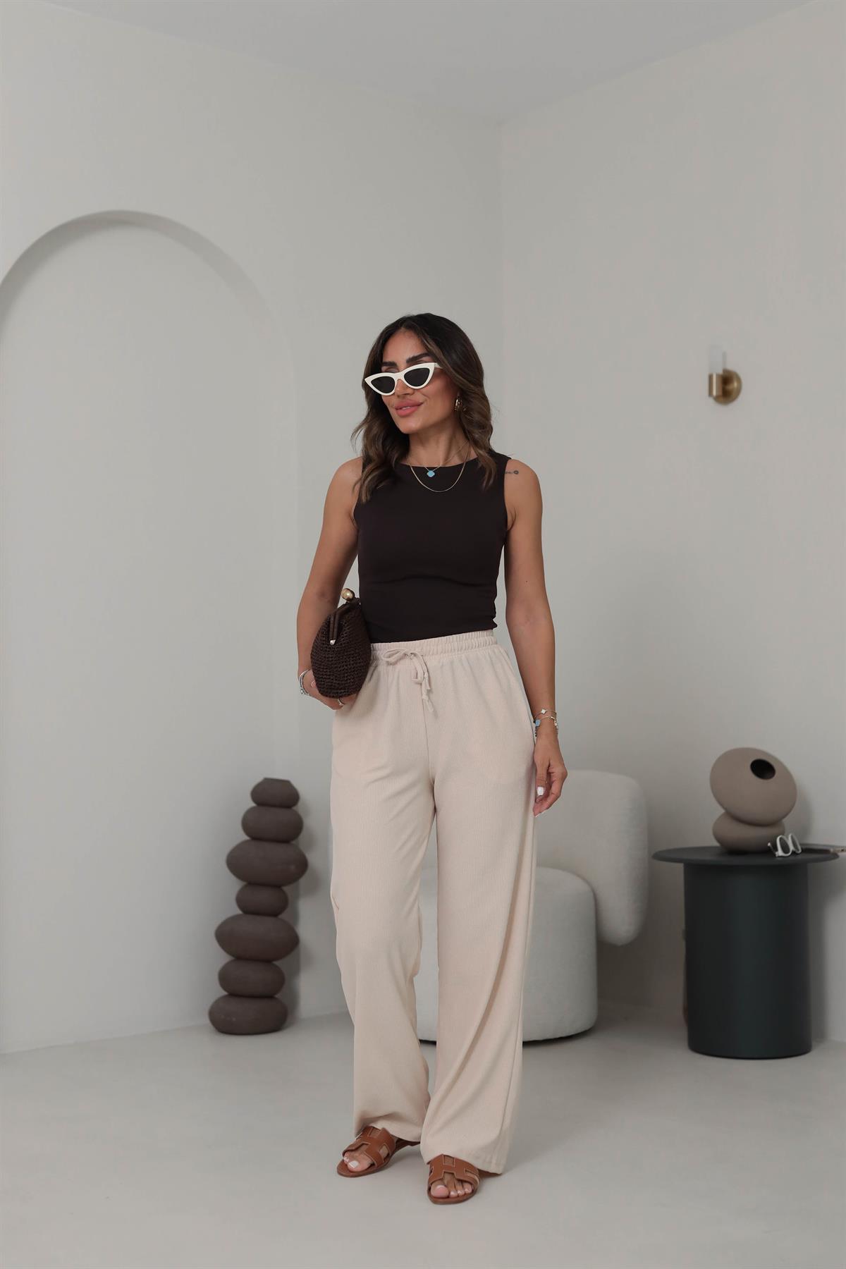 0104 Bol Paça Beli Lastikli Örme Pantolon PUDRA