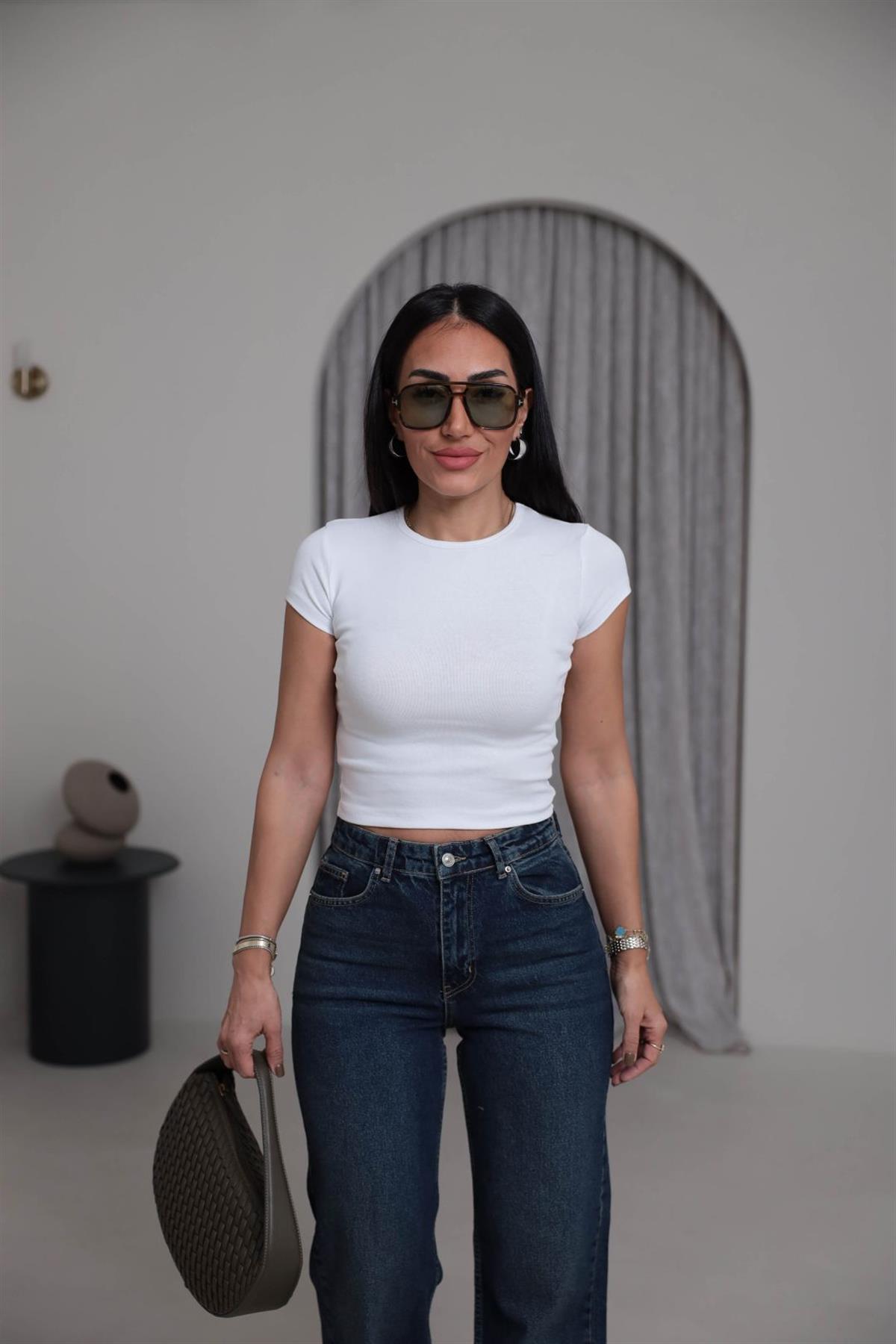 4173 Bisiklet Yaka Pamuklu Crop BEYAZ