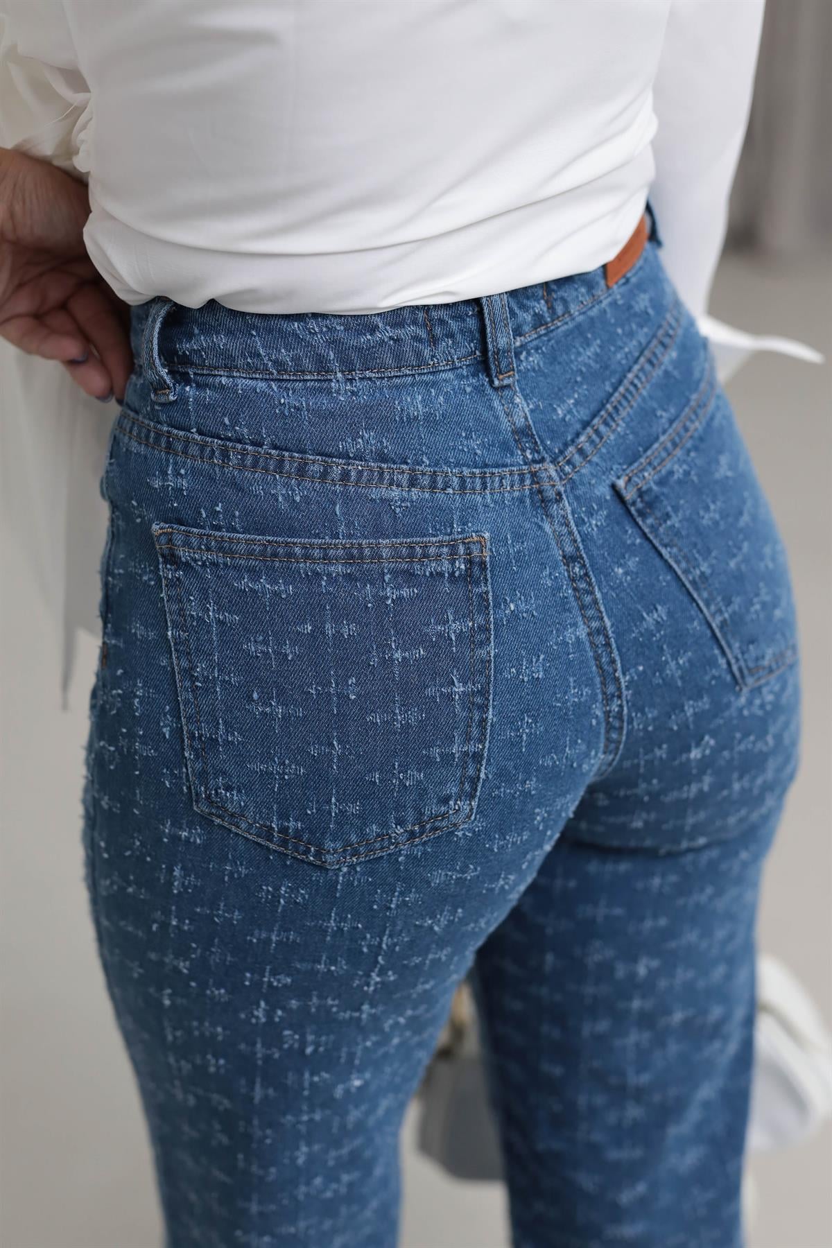 D-786 Eskitme Detaylı Palazzo Jean Pantolon MAVİ