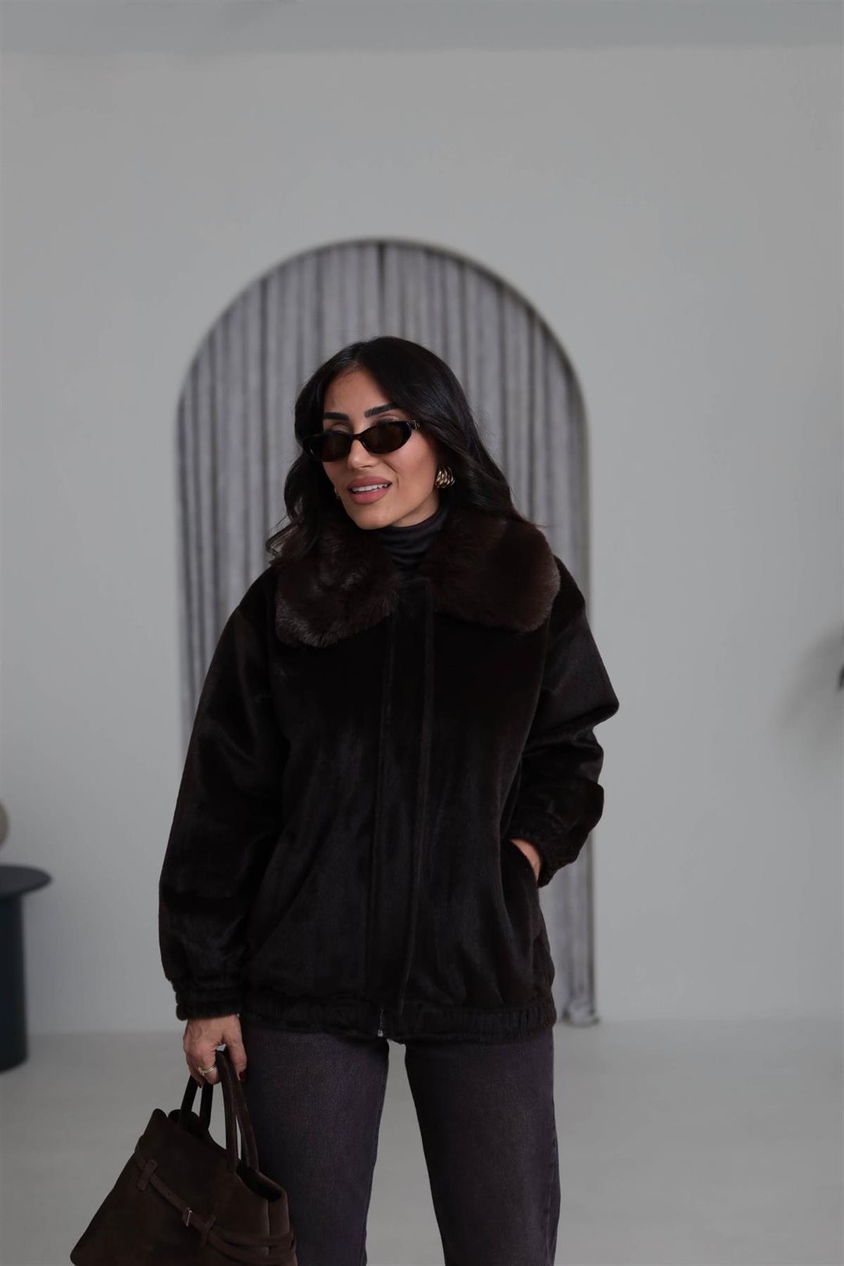 0099 Yaka Kürklü Alpaka Kaban KAHVE