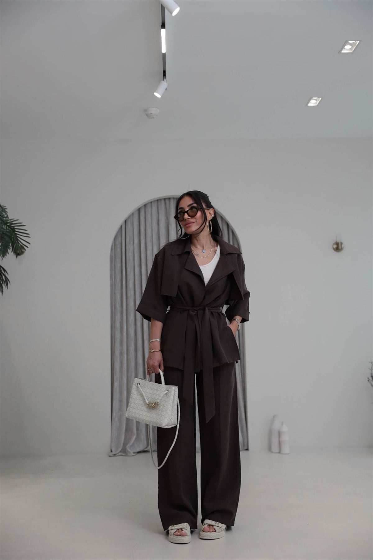 7309 Tencel Kumaş Yarım Kol Gömlek Pantolon Takım KAHVE