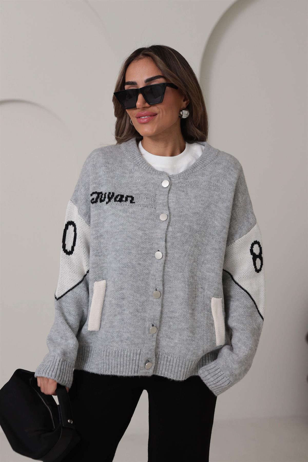 2384 Tasarım Yazı Detaylı Hırka Ceket GRİ