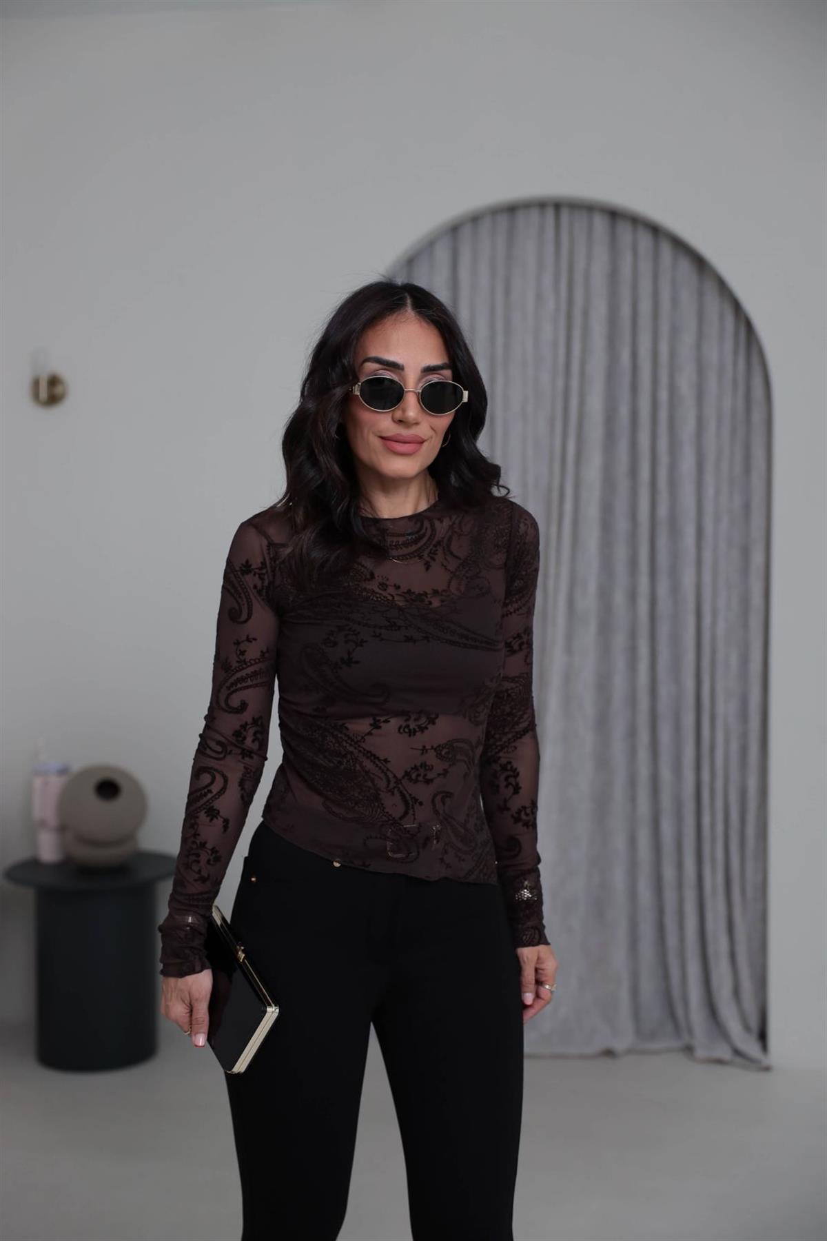 7248 Kadife Baskılı Asimetrik Tül Bluz KAHVE