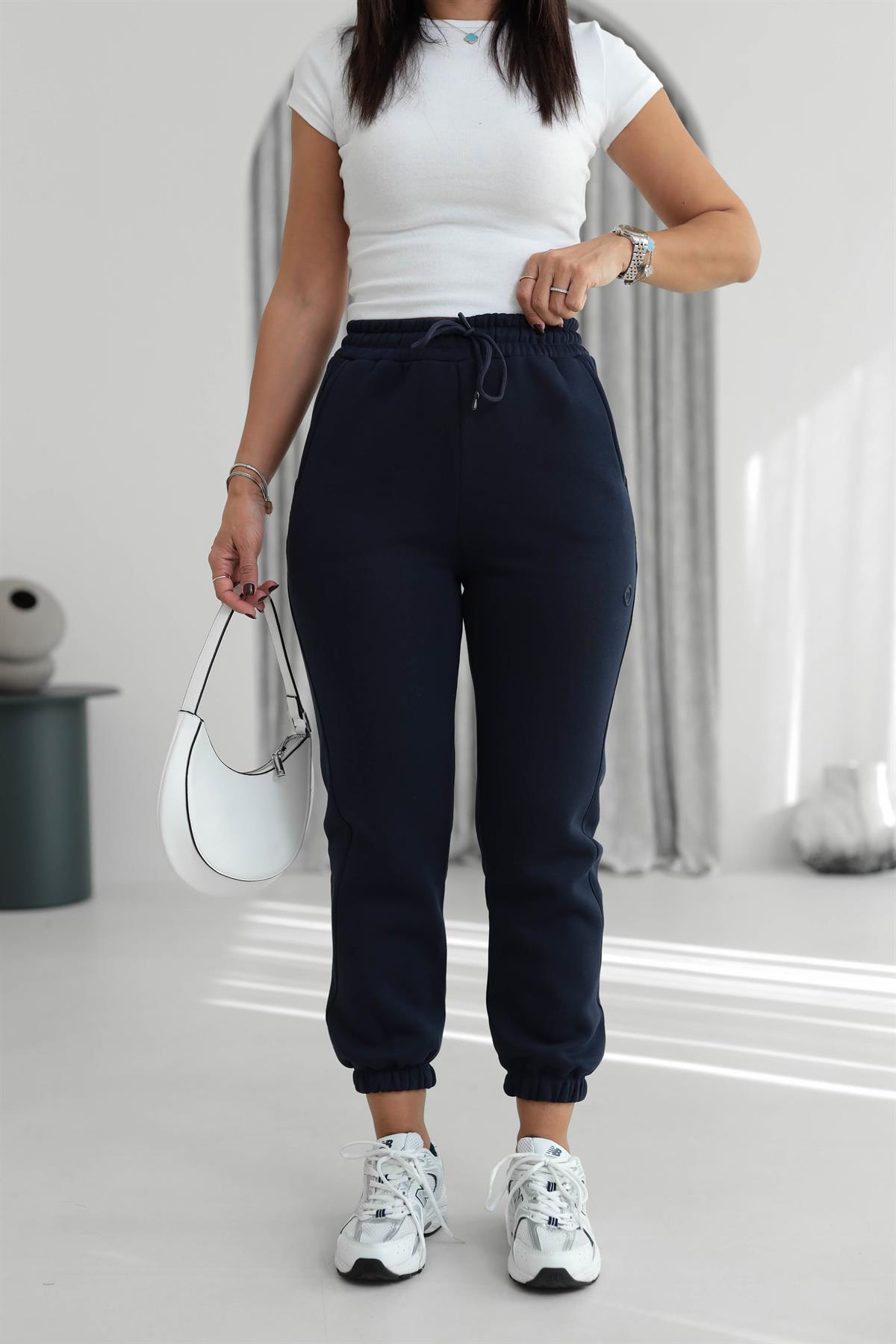 7314 Ribanalı Bel Lastikli 3 iplik Şardonlu Eşofman Altı LACİVERT