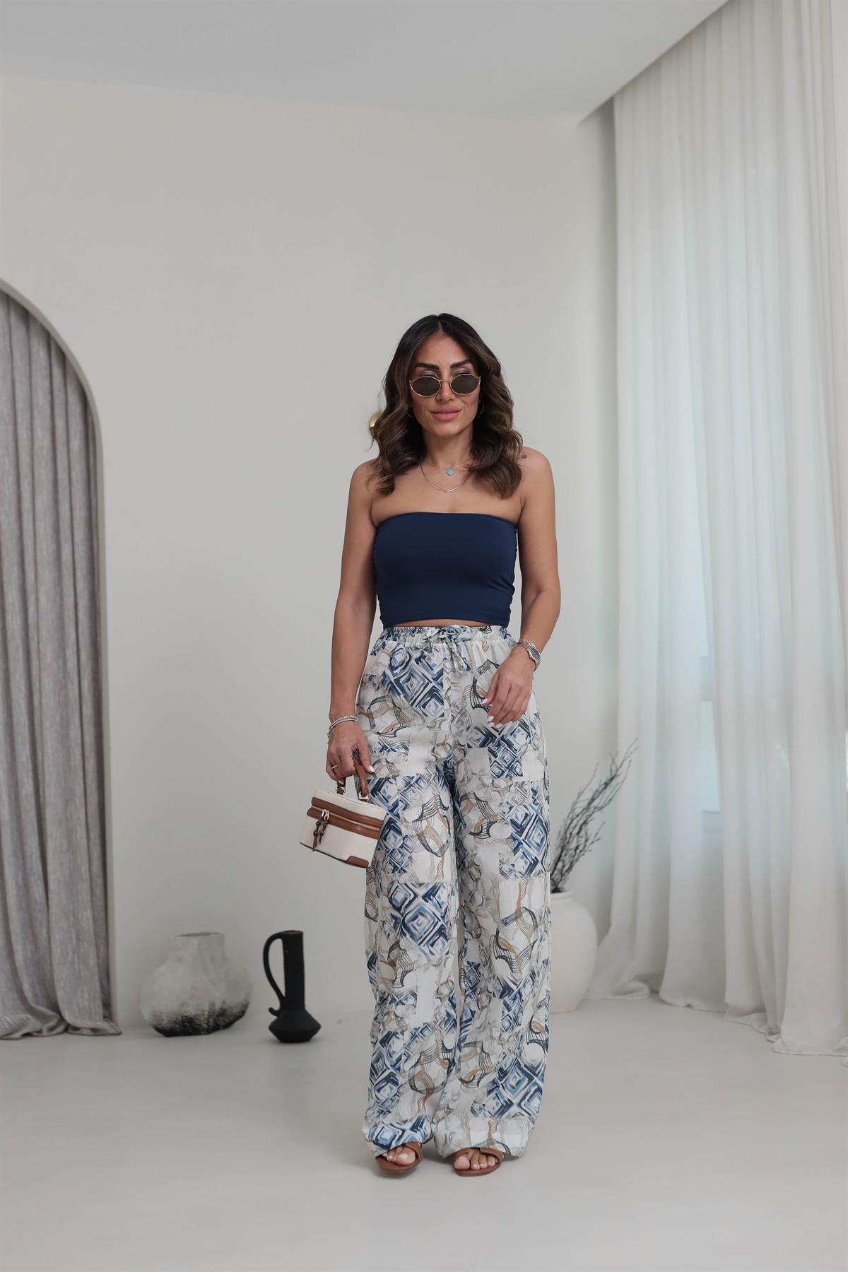 9792 Desenli Rahat Keten Pantolon DESENLİ