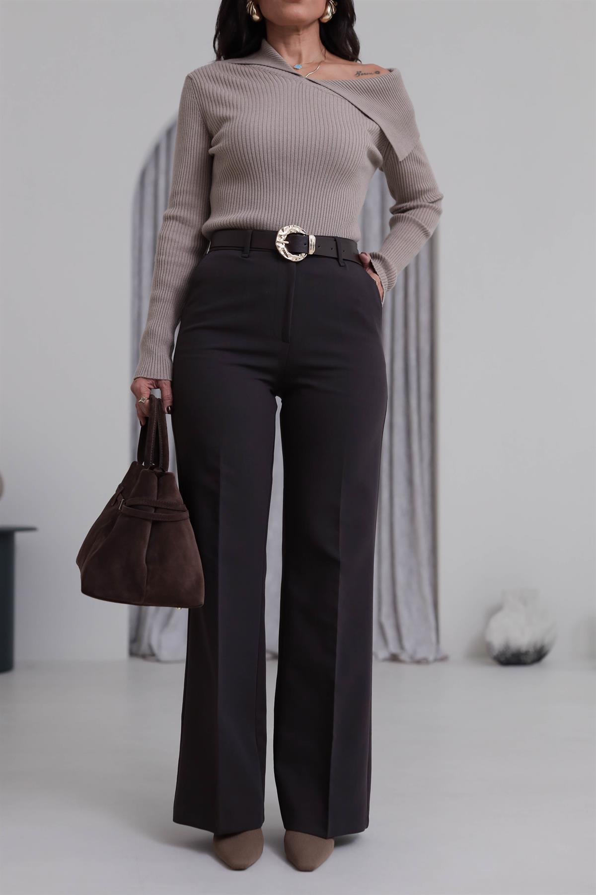 7038 Kemerli Kumaş Pantolon KOYU KAHVE