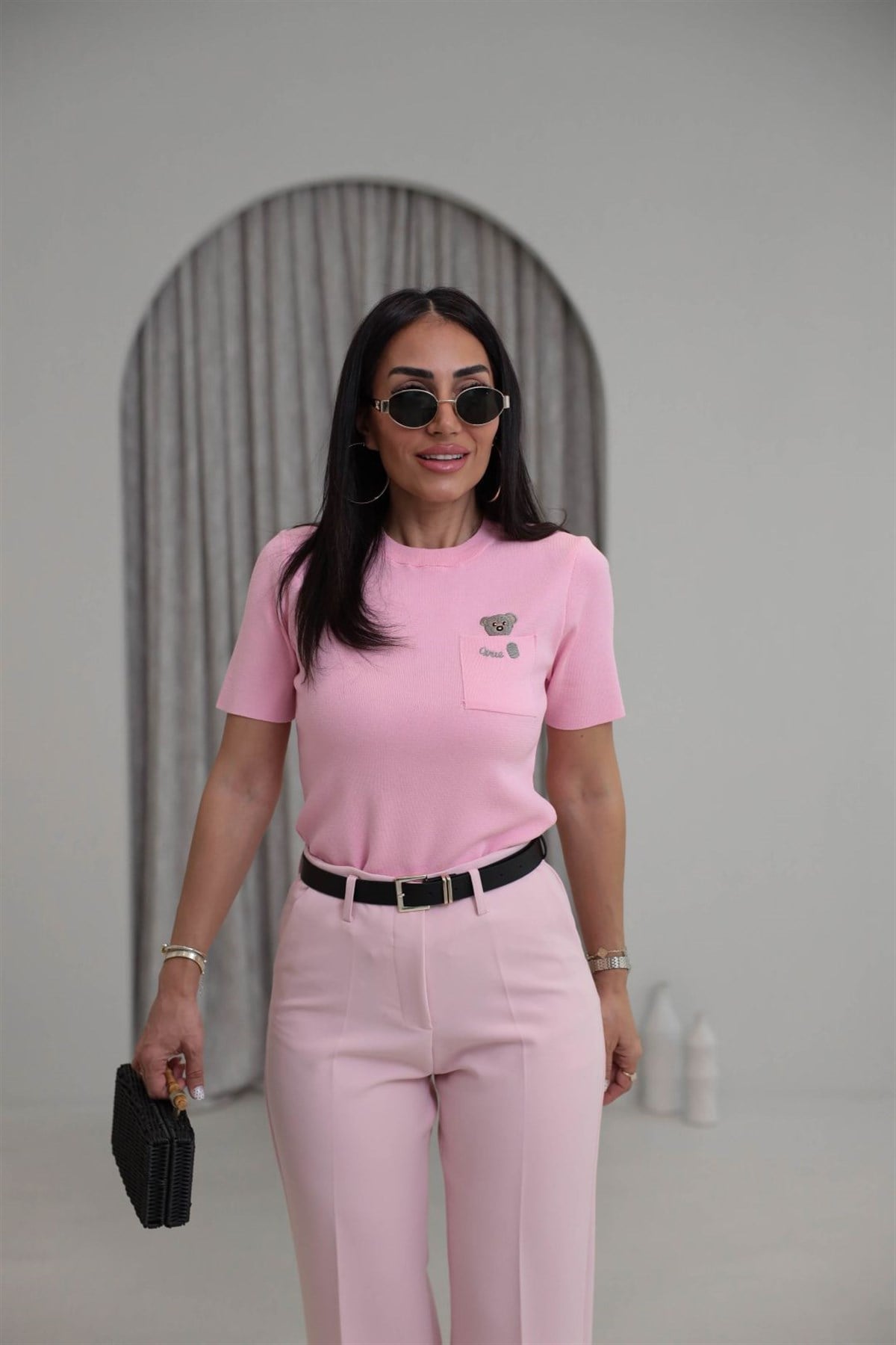 0640 Cebi Ayıcıklı Rayon Kumaş Bluz PEMBE