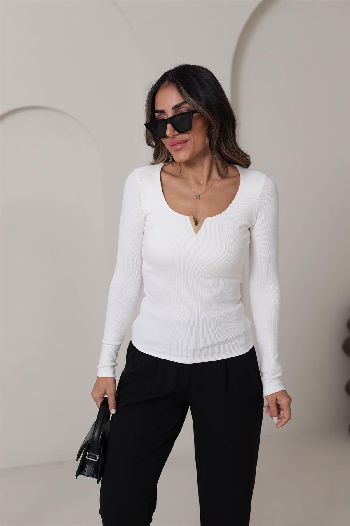 6334 V Gold Detaylı Uzun Kol Bluz