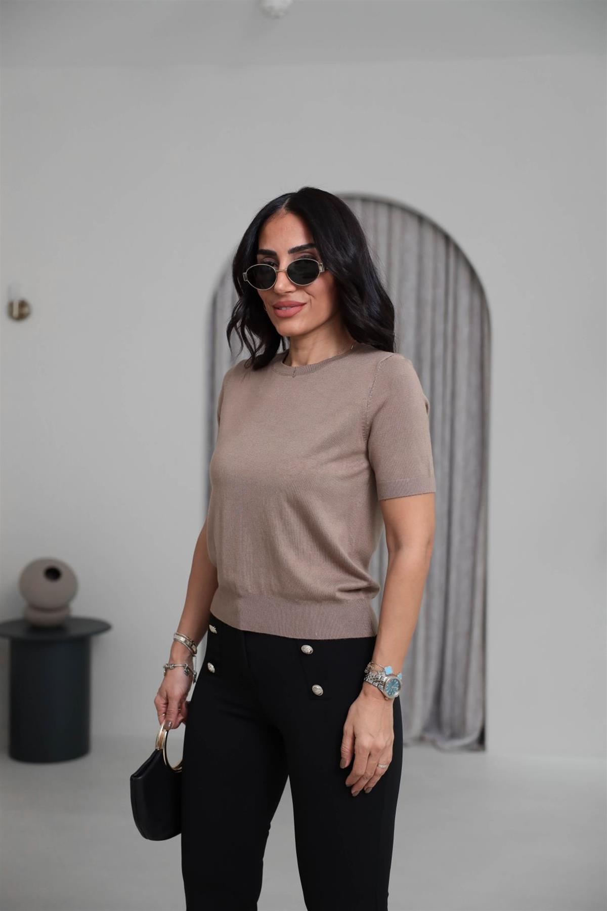 0779 Bisiklet Yaka Kısa Kol Basic Triko Bluz VİZON