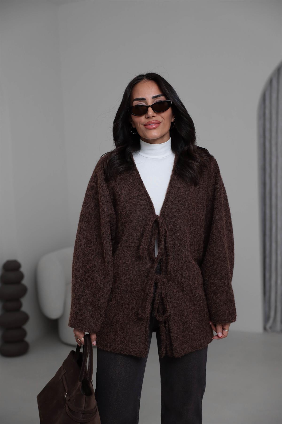 8989 Önü Bağlamalı Oversize Keçe Ceket KAHVE