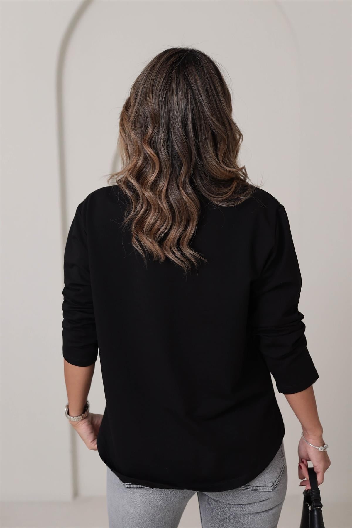 9076 Asimetrik Ön Dikiş Detaylı Sweatshirt SİYAH