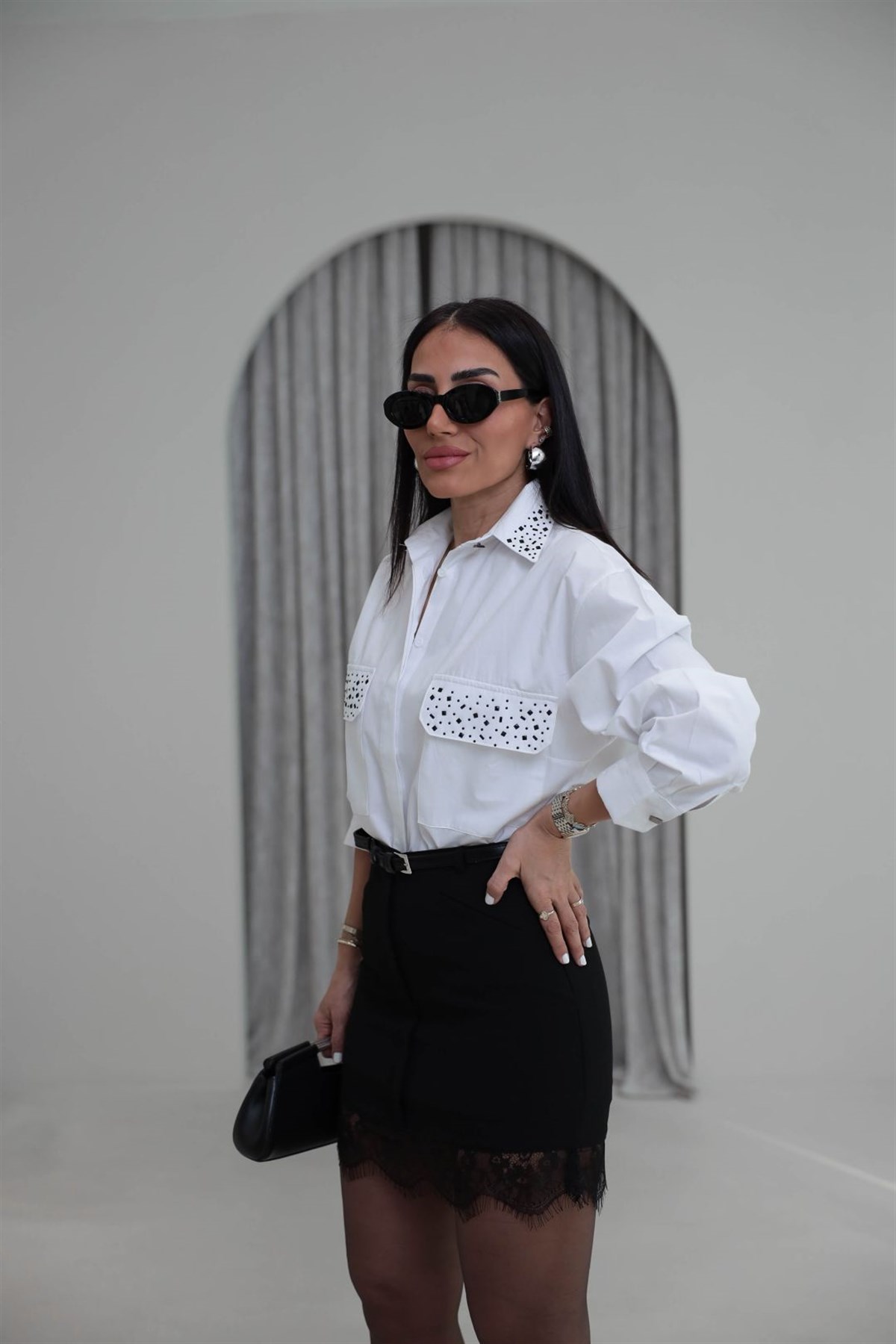 3605 Yakası Taş İşlemeli Poplin Gömlek BEYAZ