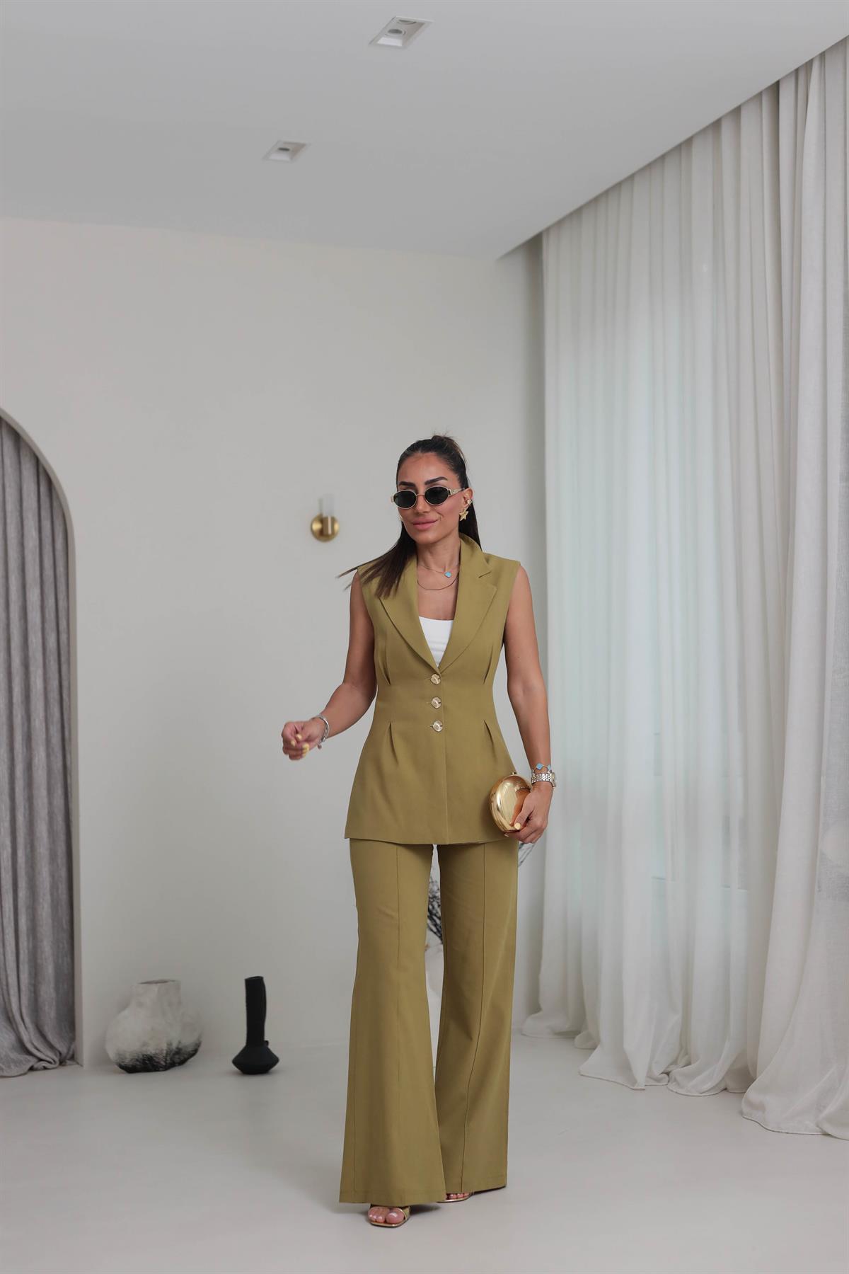 9212 Çiçek Gold Düğmeli Keten Takım YAĞ YEŞİLİ