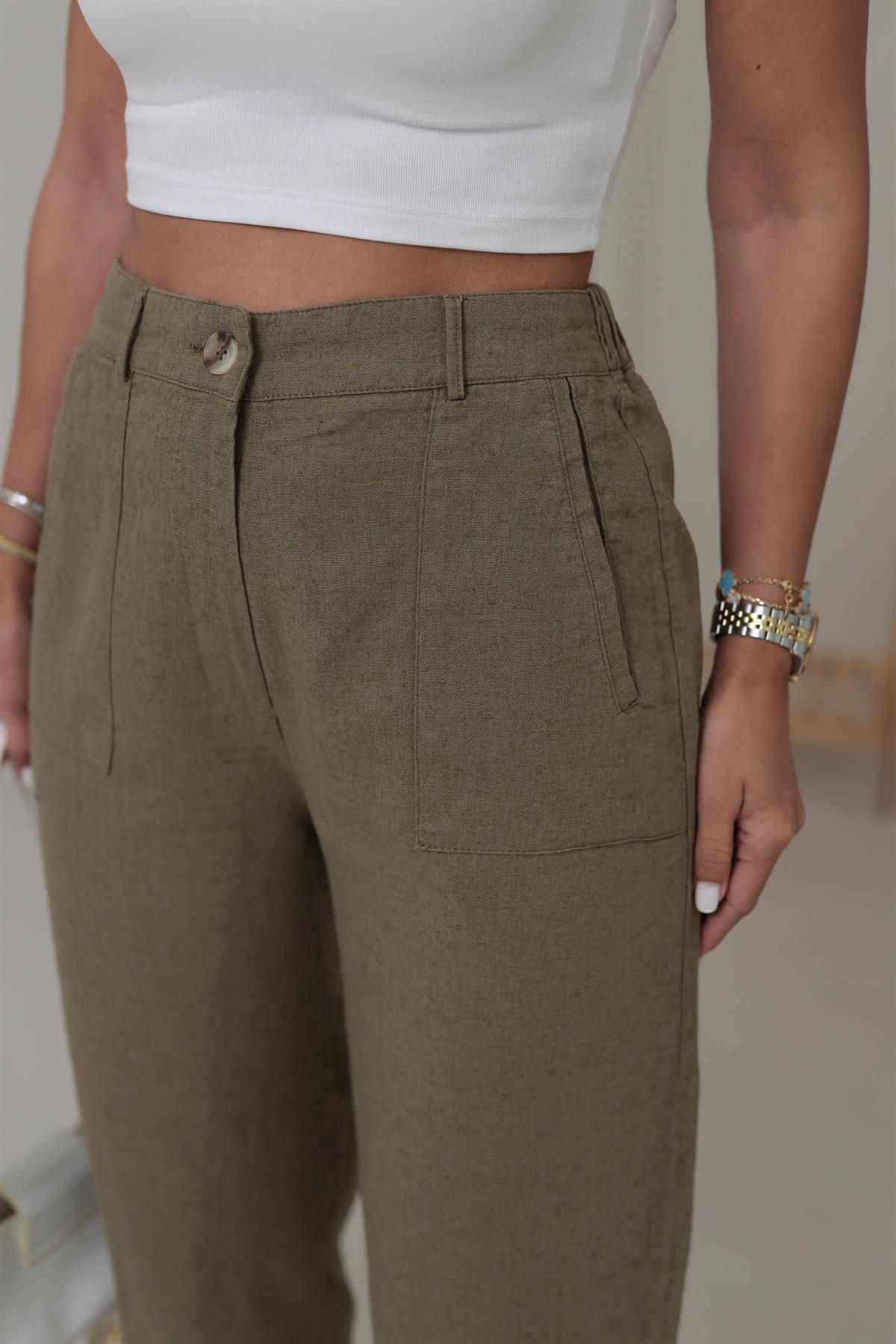 1711 Paçası Pensli Yan Cepli Keten Pantolon HAKİ YEŞİL