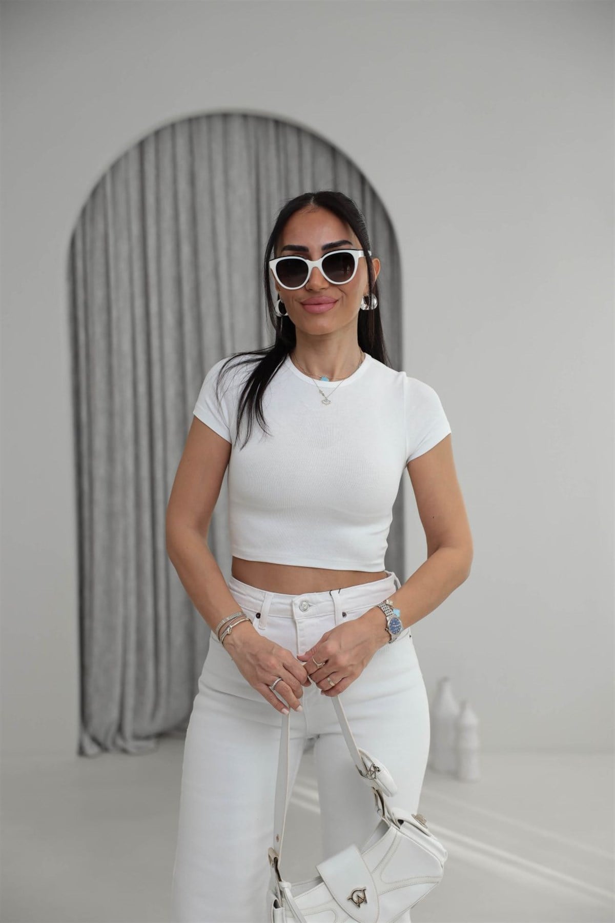 1104 Modal Crop Tshirt BEYAZ