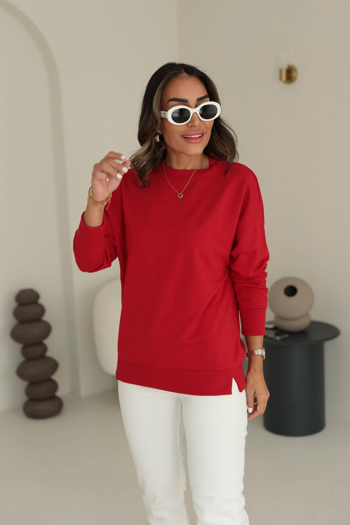 9002 Düz Basic Sweatshirt KIRMIZI