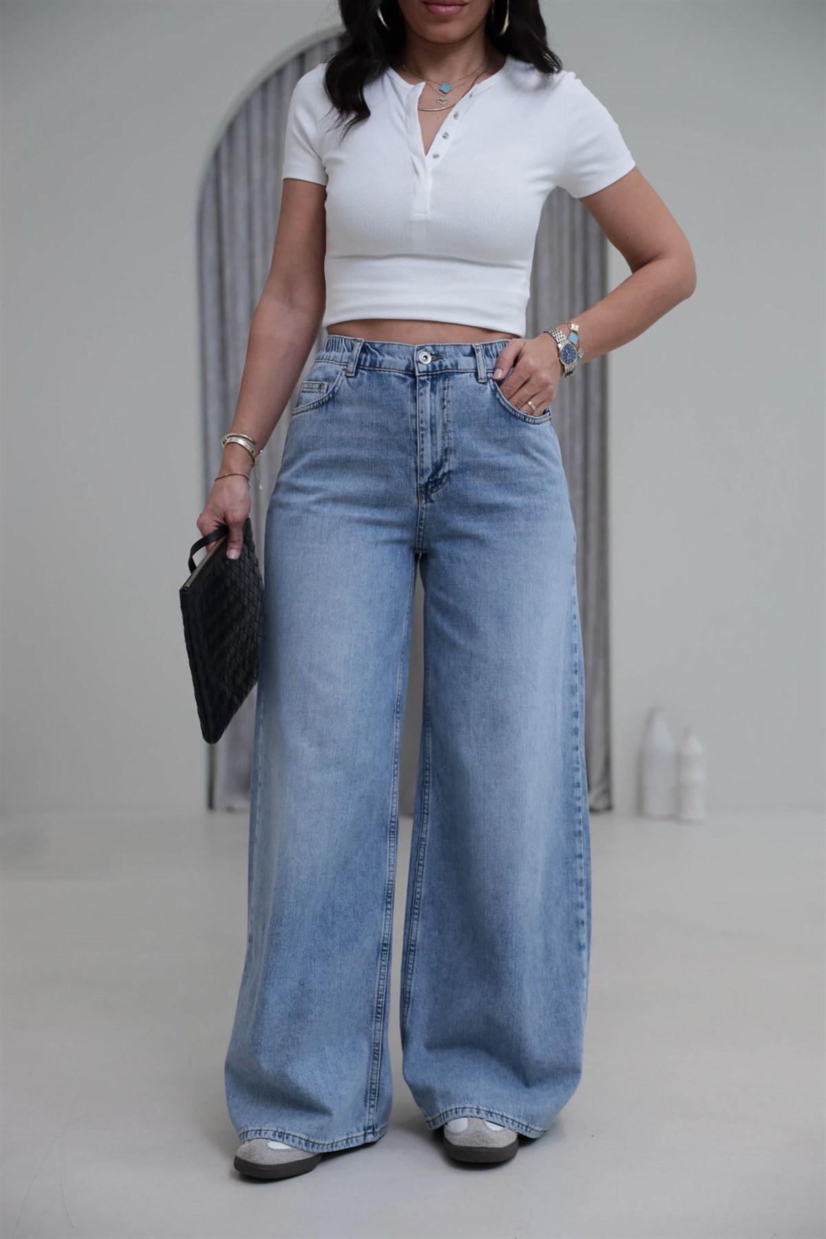 6716 Wide Loose Bel Lastikli Tencel Kumaş Jean AÇIK MAVİ