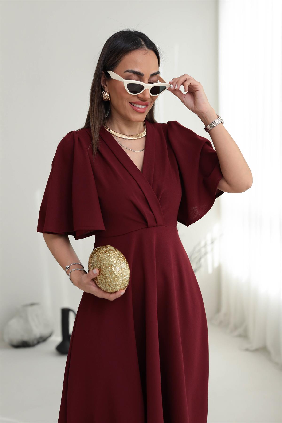 3707 Kol Volanlı Krvaze Yaka Midi Boy Elbise BORDO