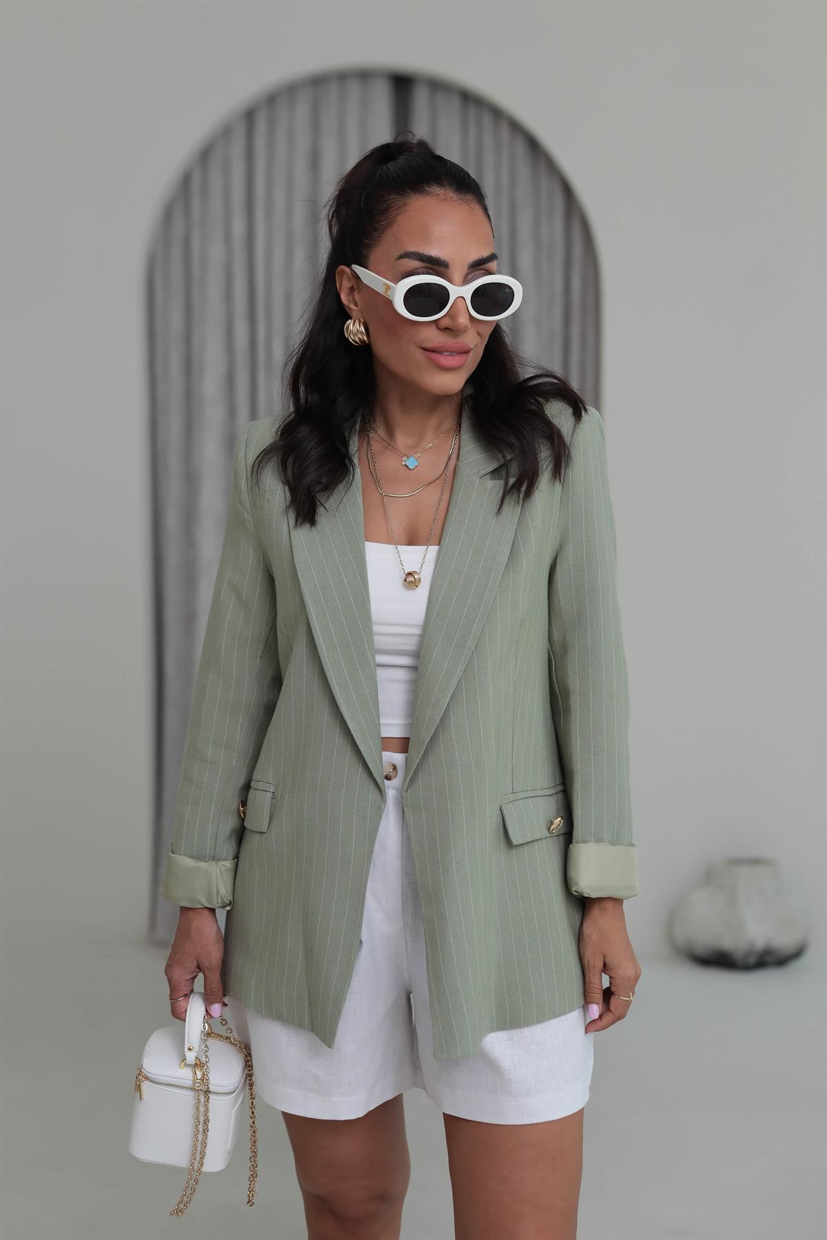 9296 Çizgili Gold Düğmeli Keten Ceket HAKİ YEŞİL