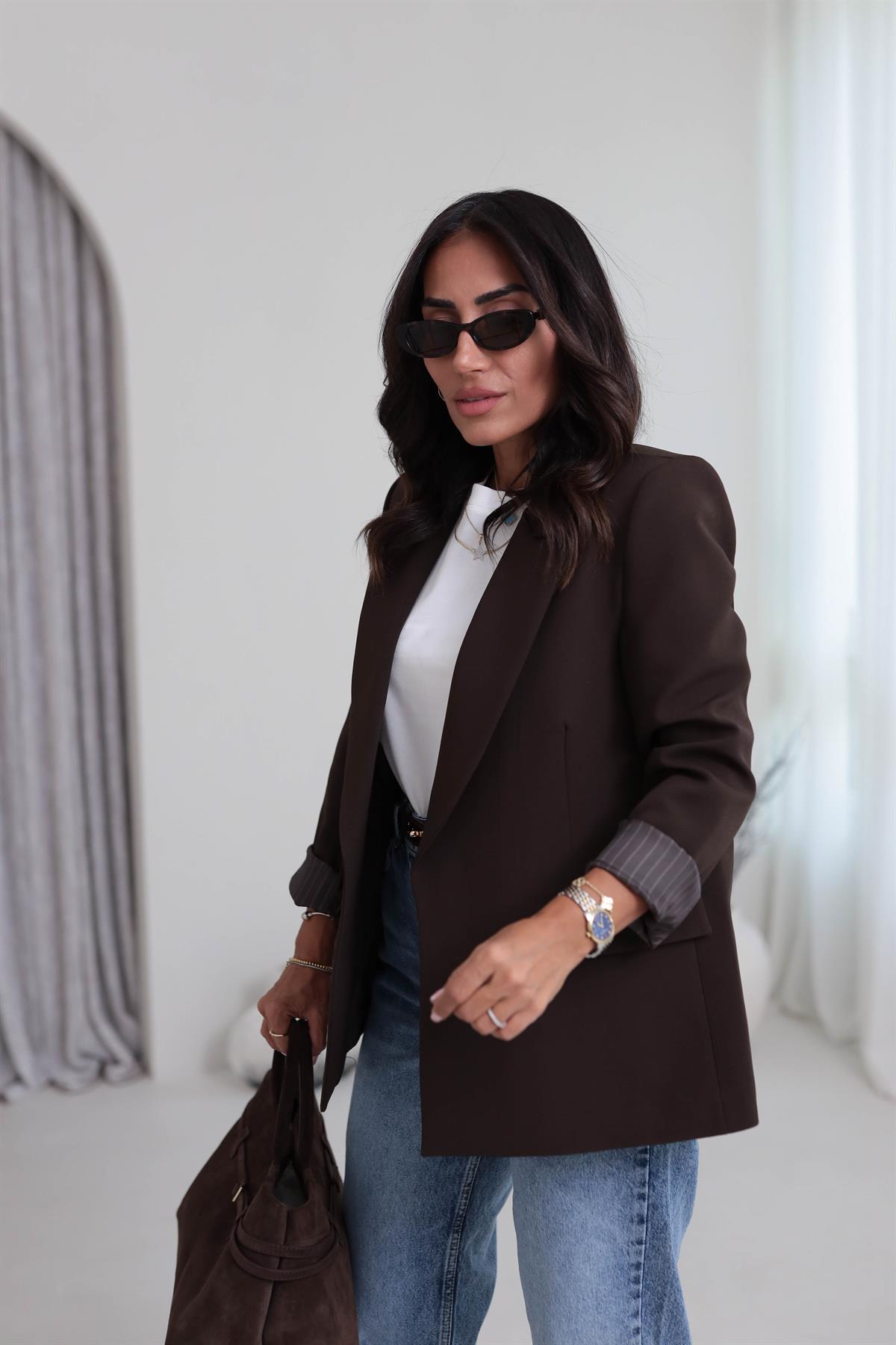 7560 Kol Katlamalı Cep Detaylı Astarlı Ceket ACI KAHVE