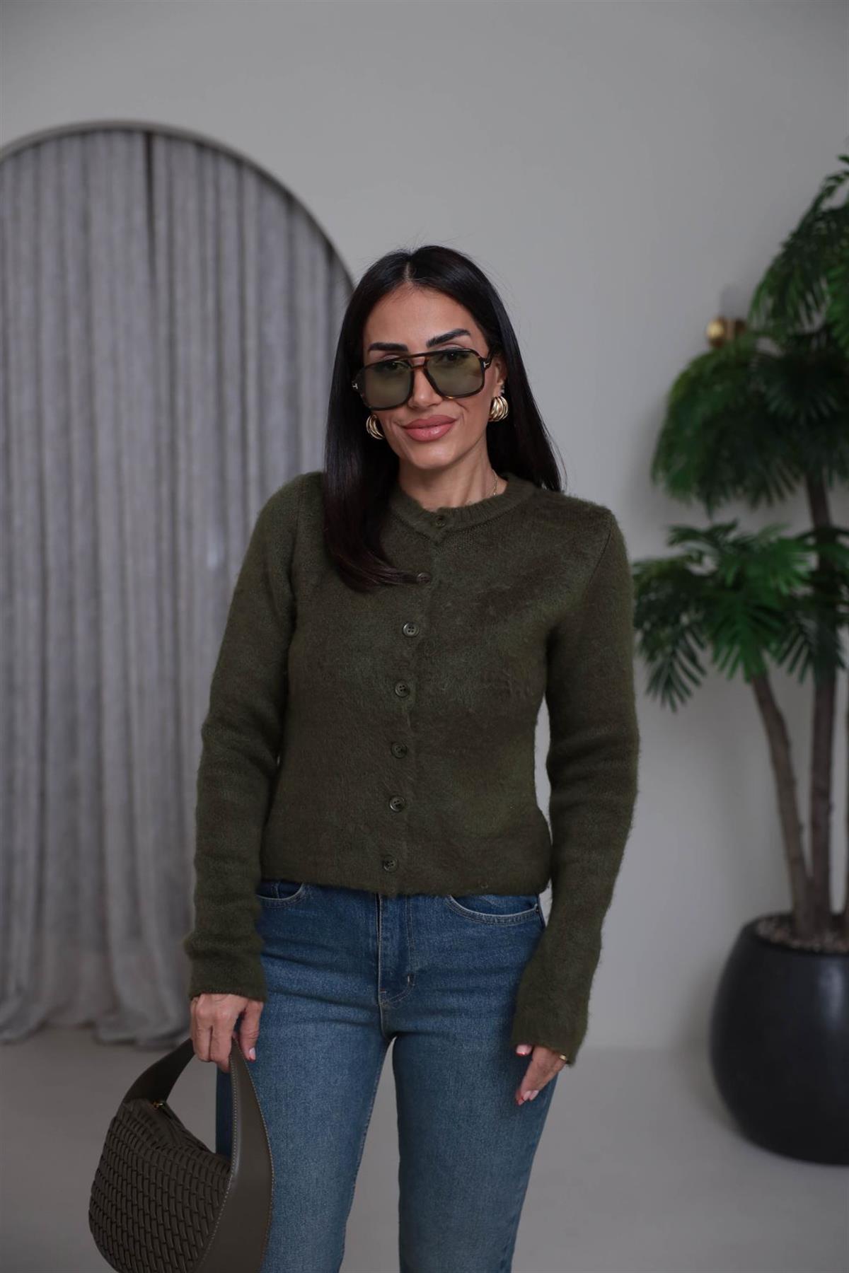 0157 Bisiklet Yaka Düğmeli Yumoş Hırka YEŞİL