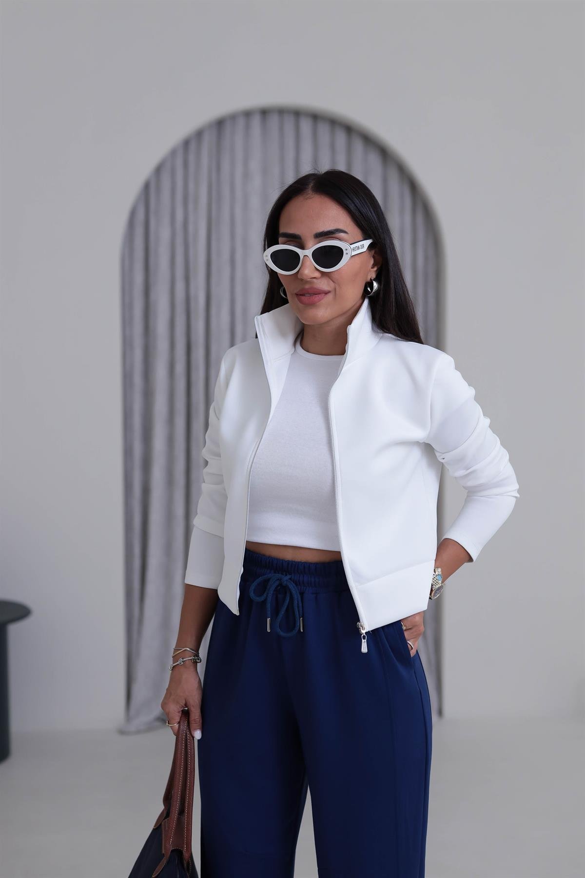 7013K Fermuarlı Scuba Kısa Ceket BEYAZ