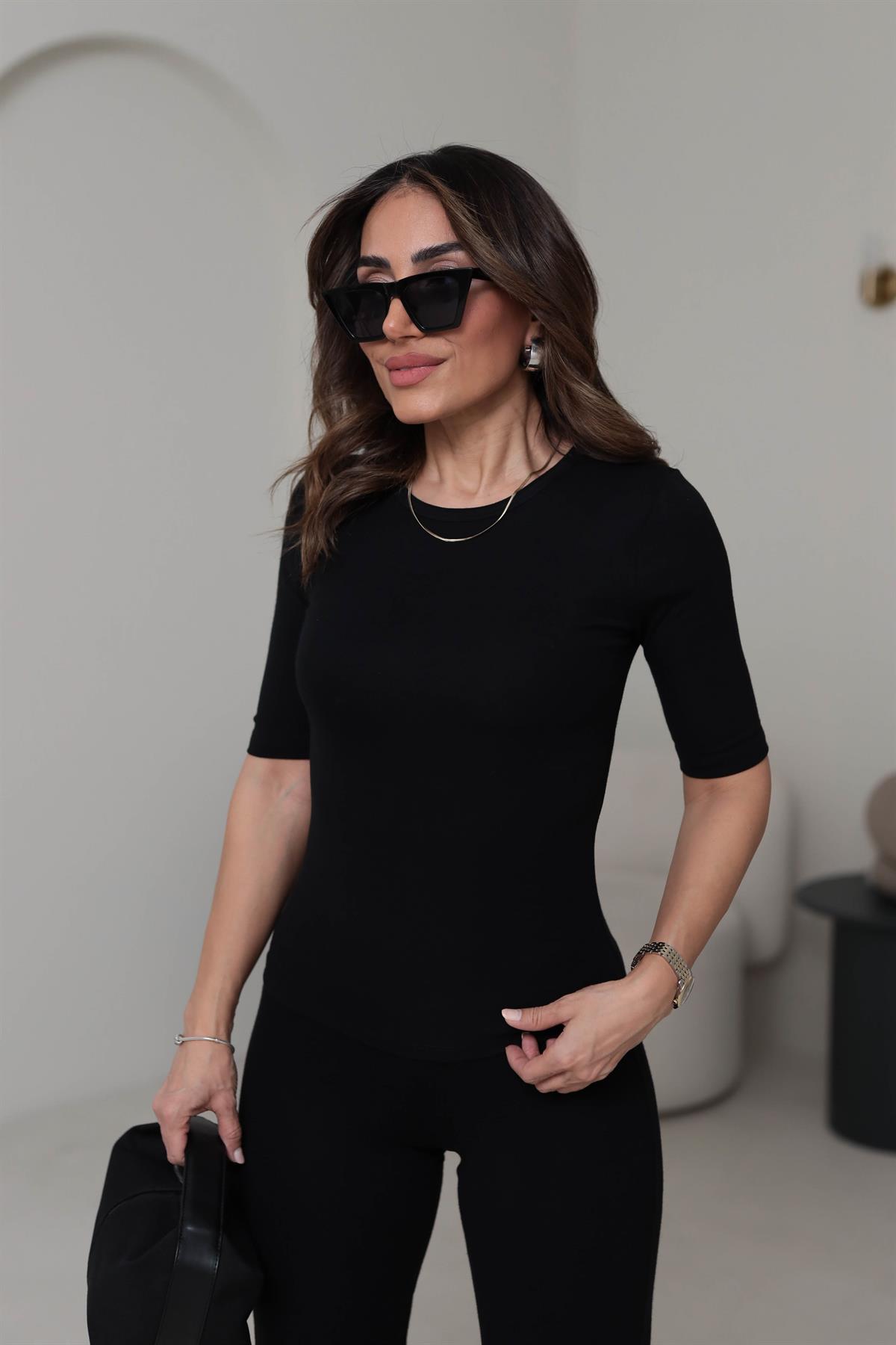 4168 Yarım Kol Pamuklu Tshirt SİYAH