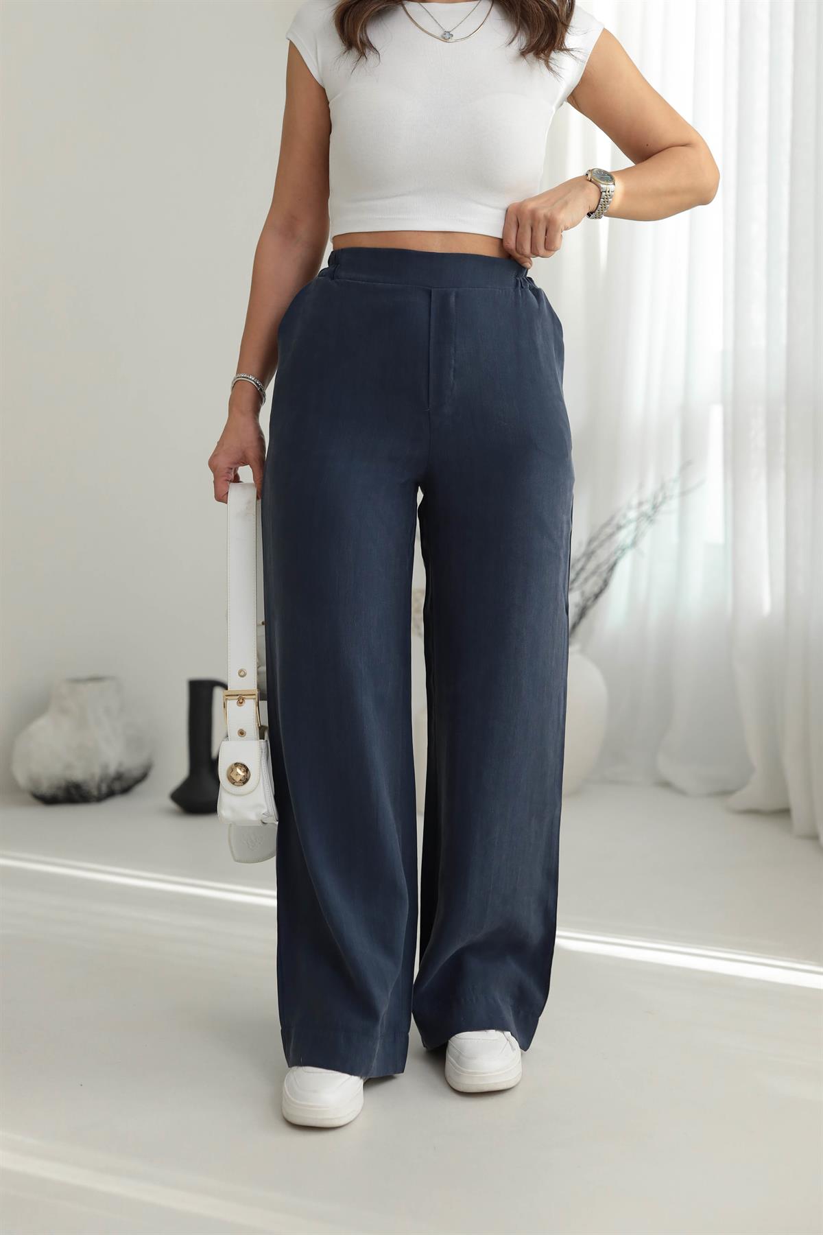 7054 Arkası Bel Lastikli Tencel Pantolon LACİVERT
