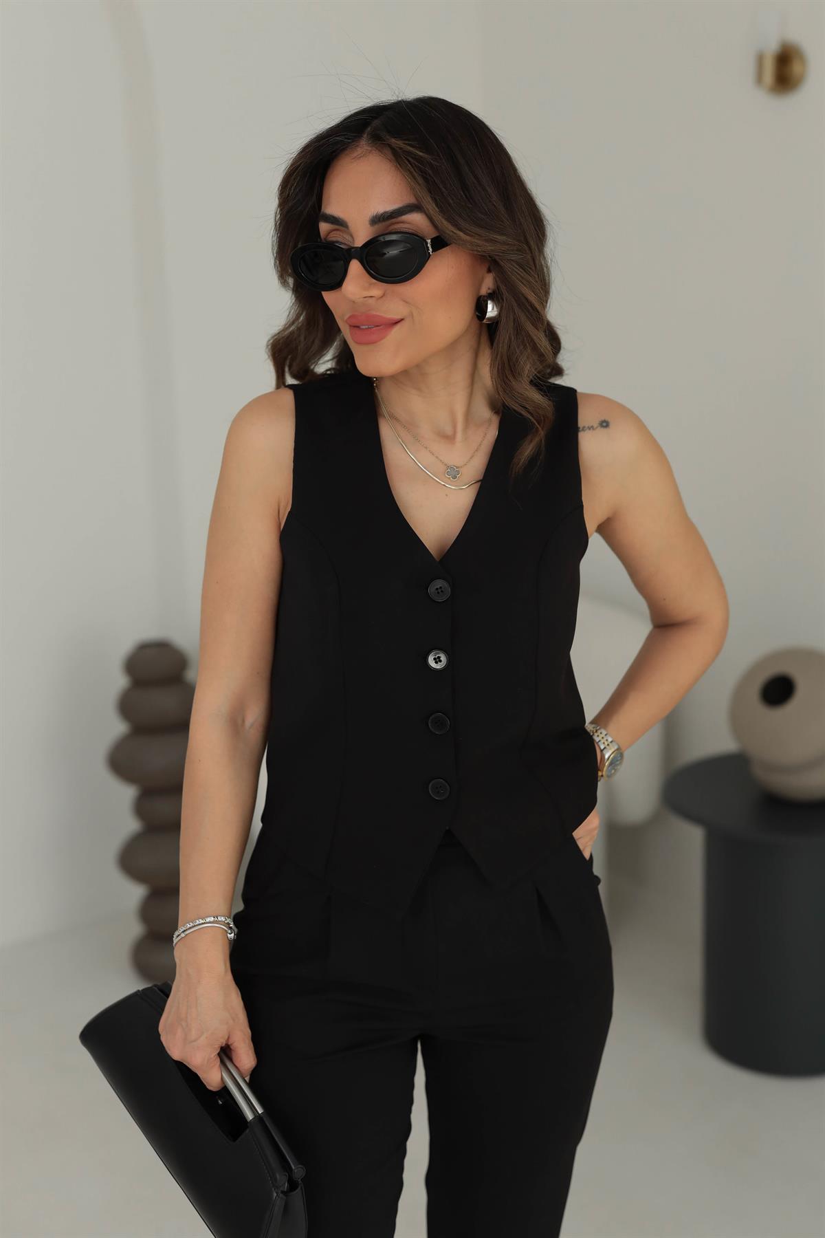 3790 Kemerli Havuç Paça Yelekli Takım SİYAH