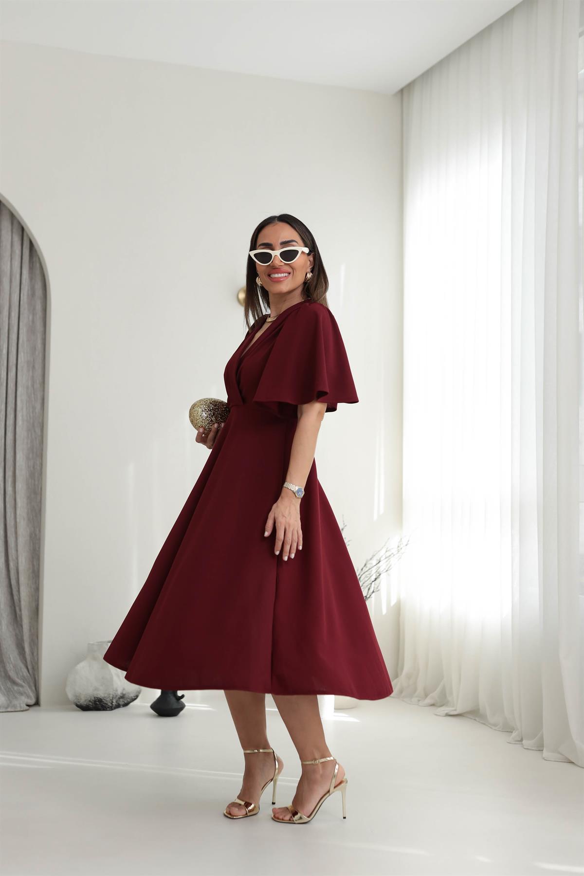 3707 Kol Volanlı Krvaze Yaka Midi Boy Elbise BORDO