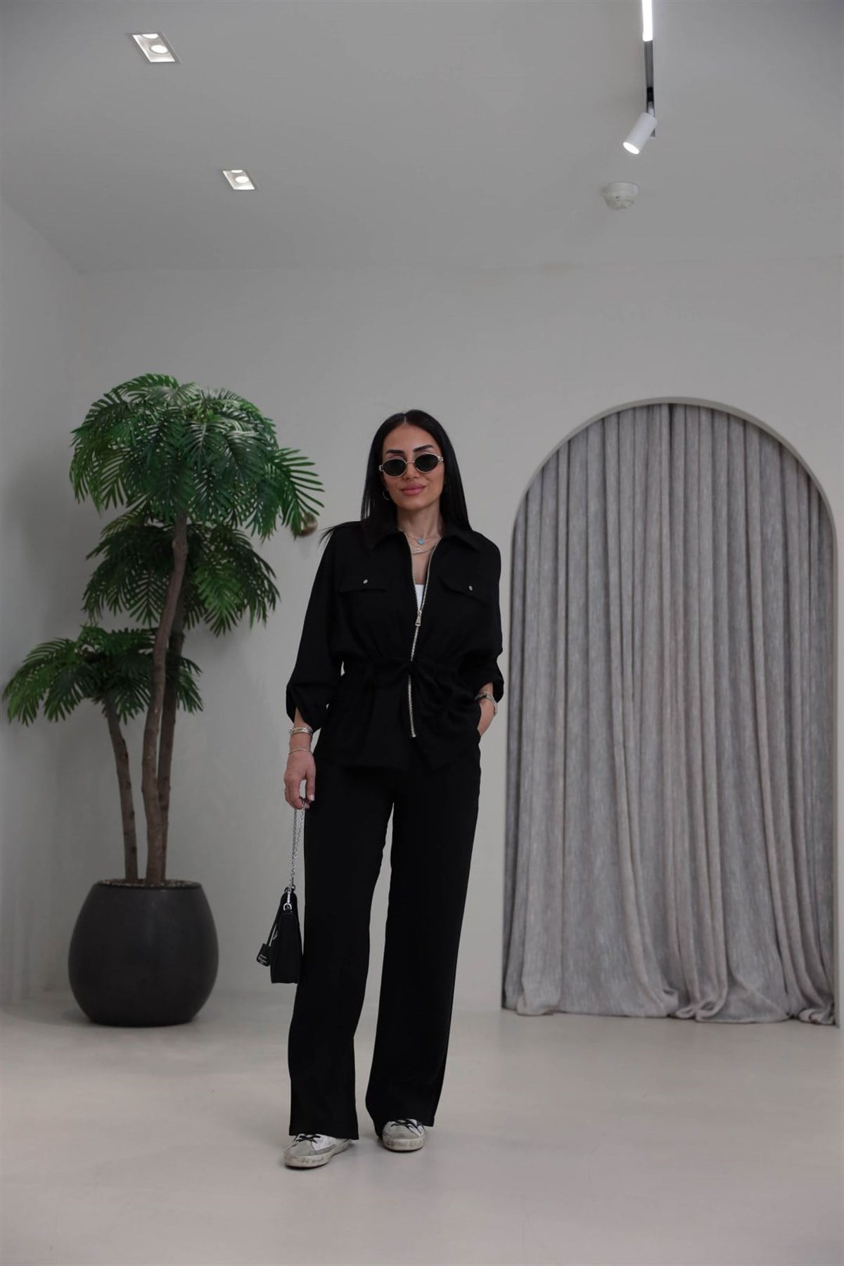 1003 Cep Kapaklı Fermuarlı Bel Büzgülü Modal Tencel Takım SİYAH