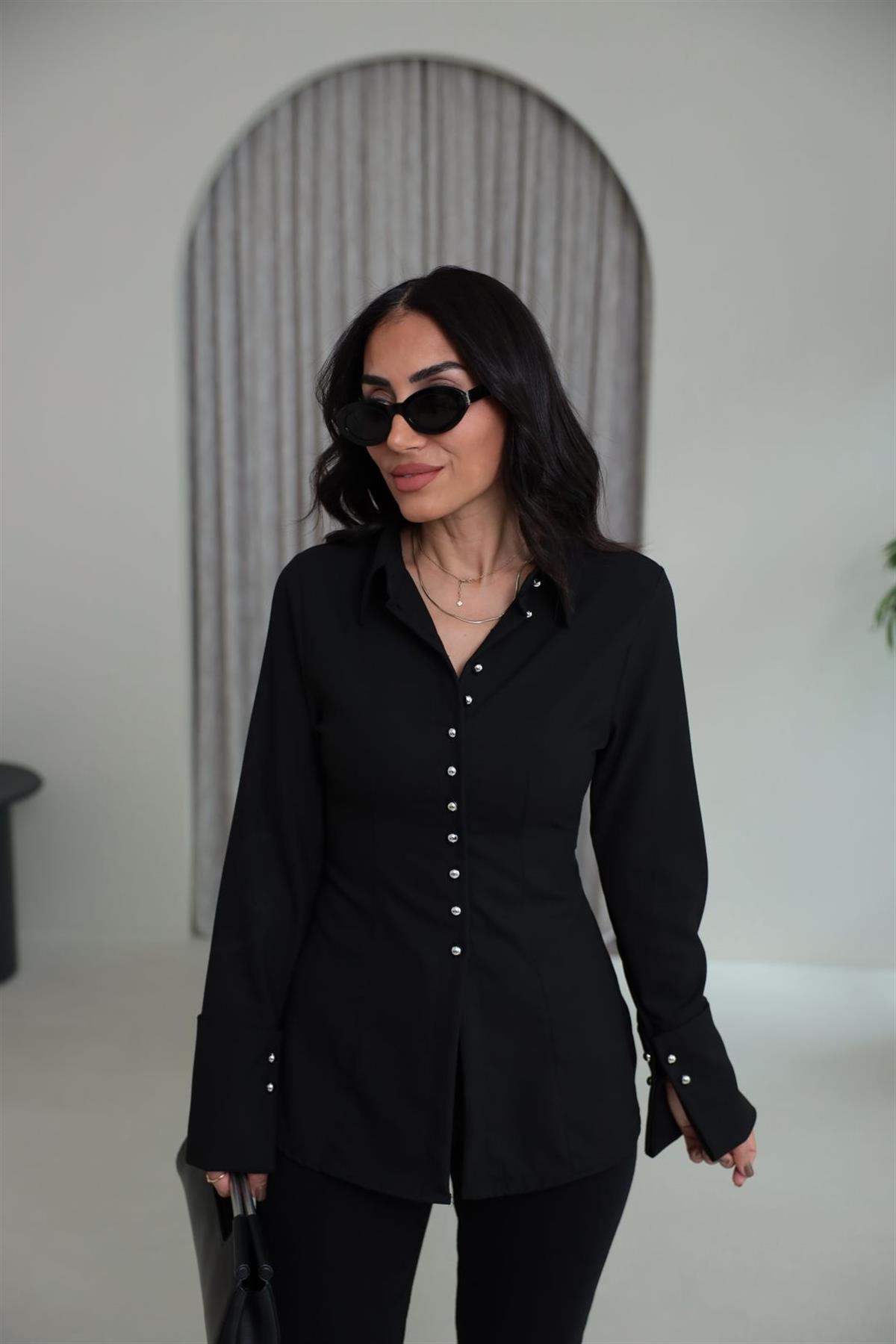 1289 Kol Manşetli Tasarım Gömlek SİYAH