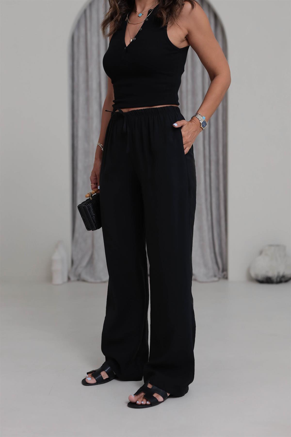 Beli Lastikli Bağcıklı Tencel Pantolon SİYAH