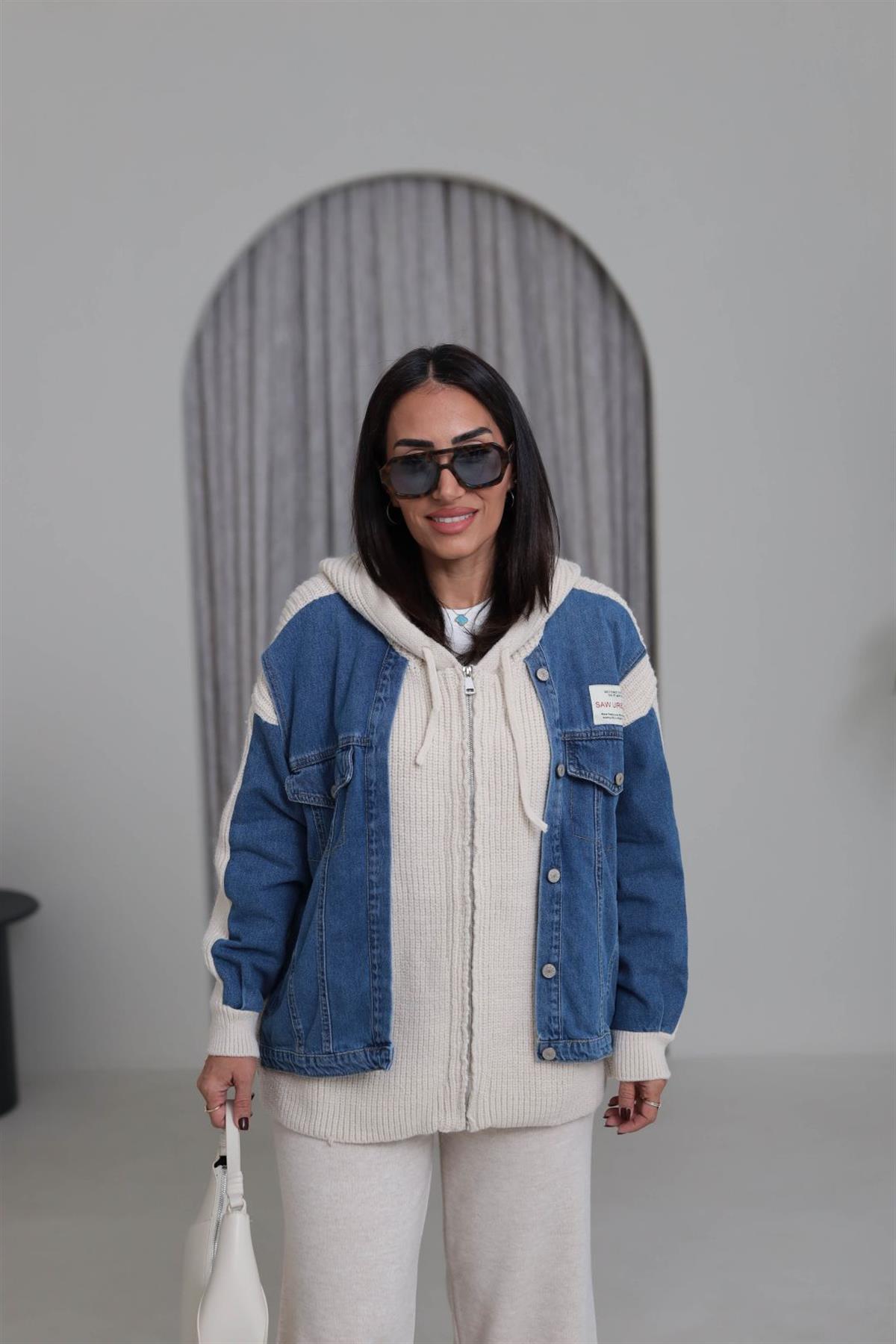 4676 Kot Garnili Kapşonlu Fermuarlı Triko Hırka TAŞ MAVİ