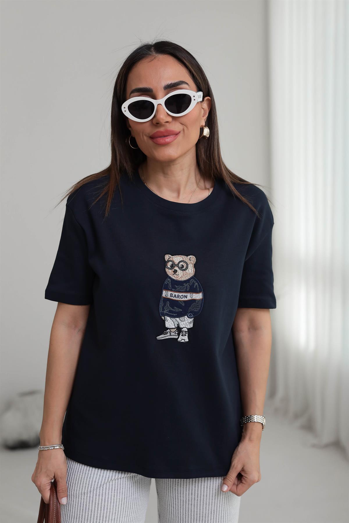 3512 Bisiklet Yaka Ayıcık Nakışlı Tshirt LACİVERT