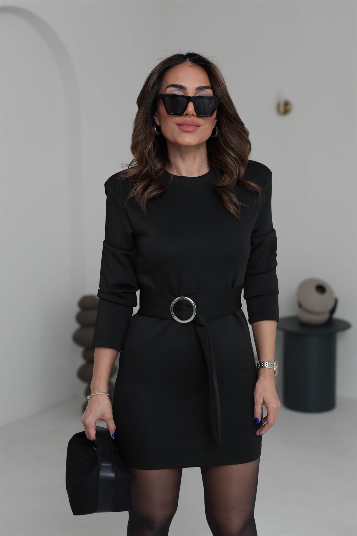 5795 Kemeri Tokalı Mini Scuba Elbise SİYAH