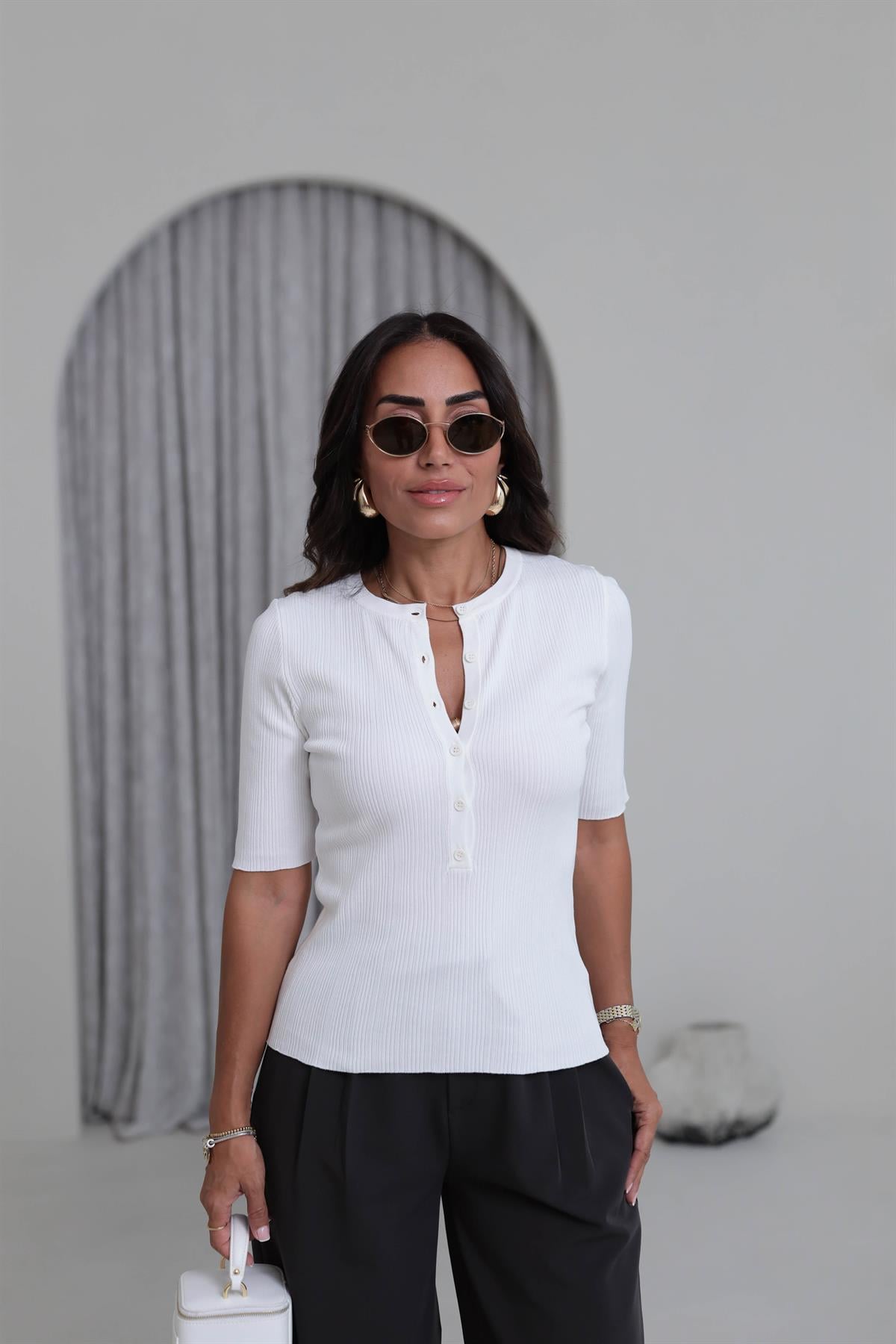 0731 Bisiklet Yaka Fitilli İnce Triko Bluz EKRU