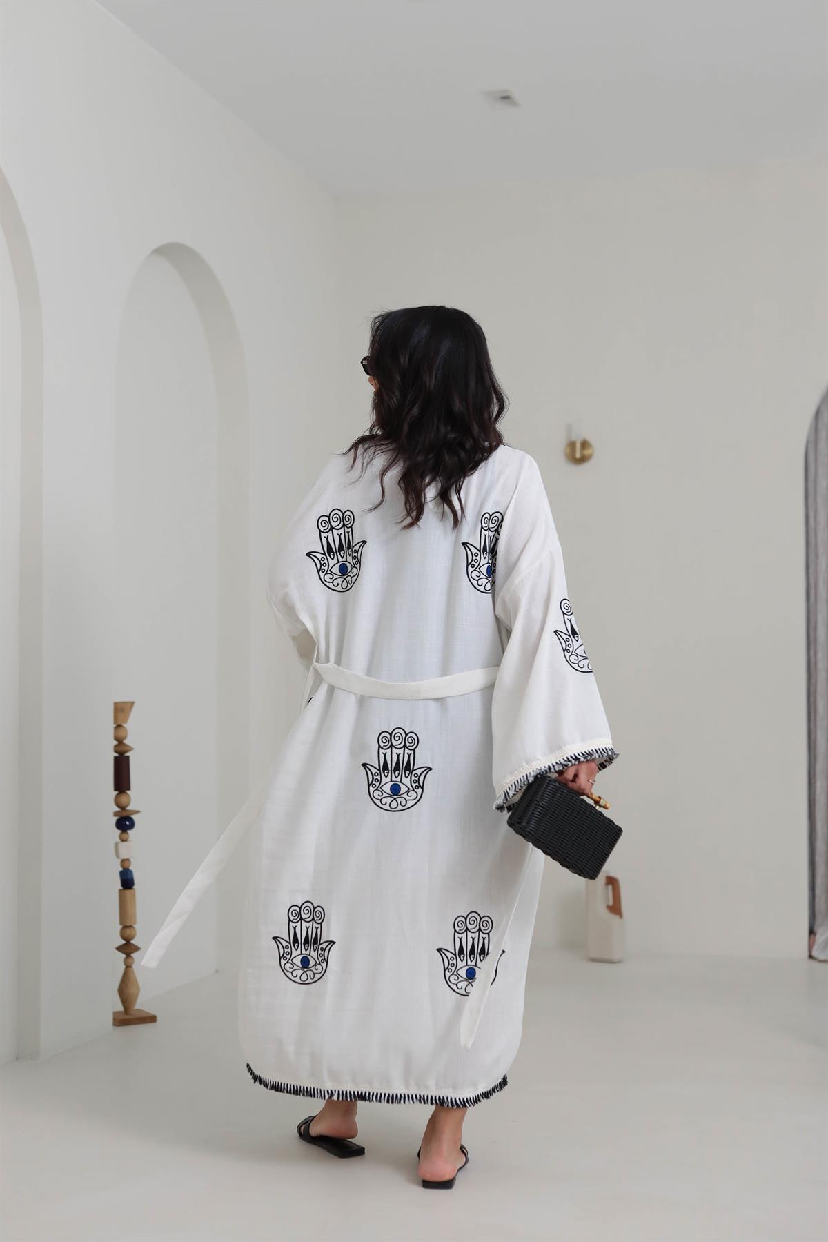 1420 Nakış İşlemeli Keten Kimono EKRU